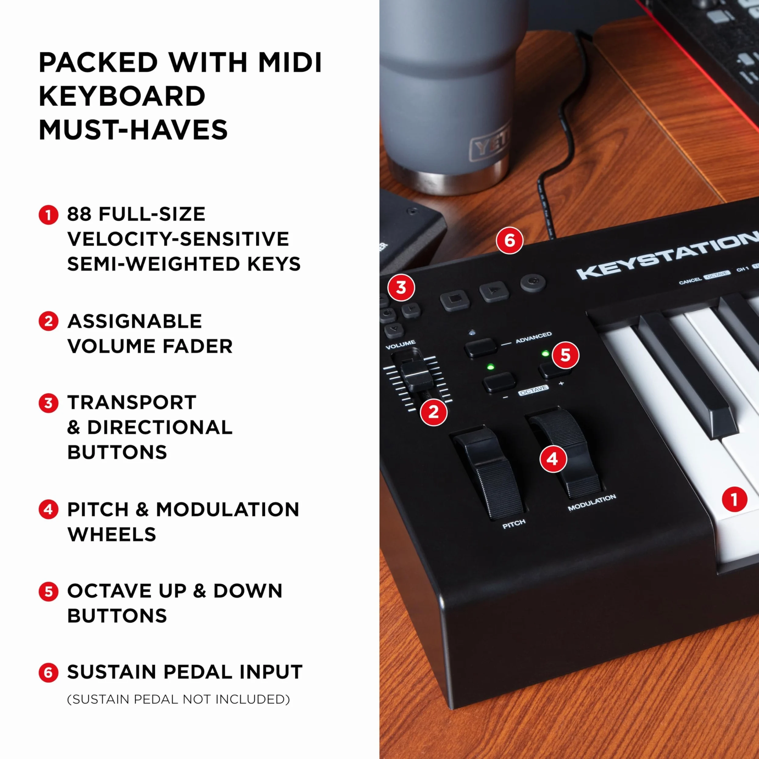 M-AUDIO Keystation 88 MK3 - kontroler MIDI z 88 klawiszami półważonymi do sterowania wirtualnymi syntezatorami i parametrami DAW-ów