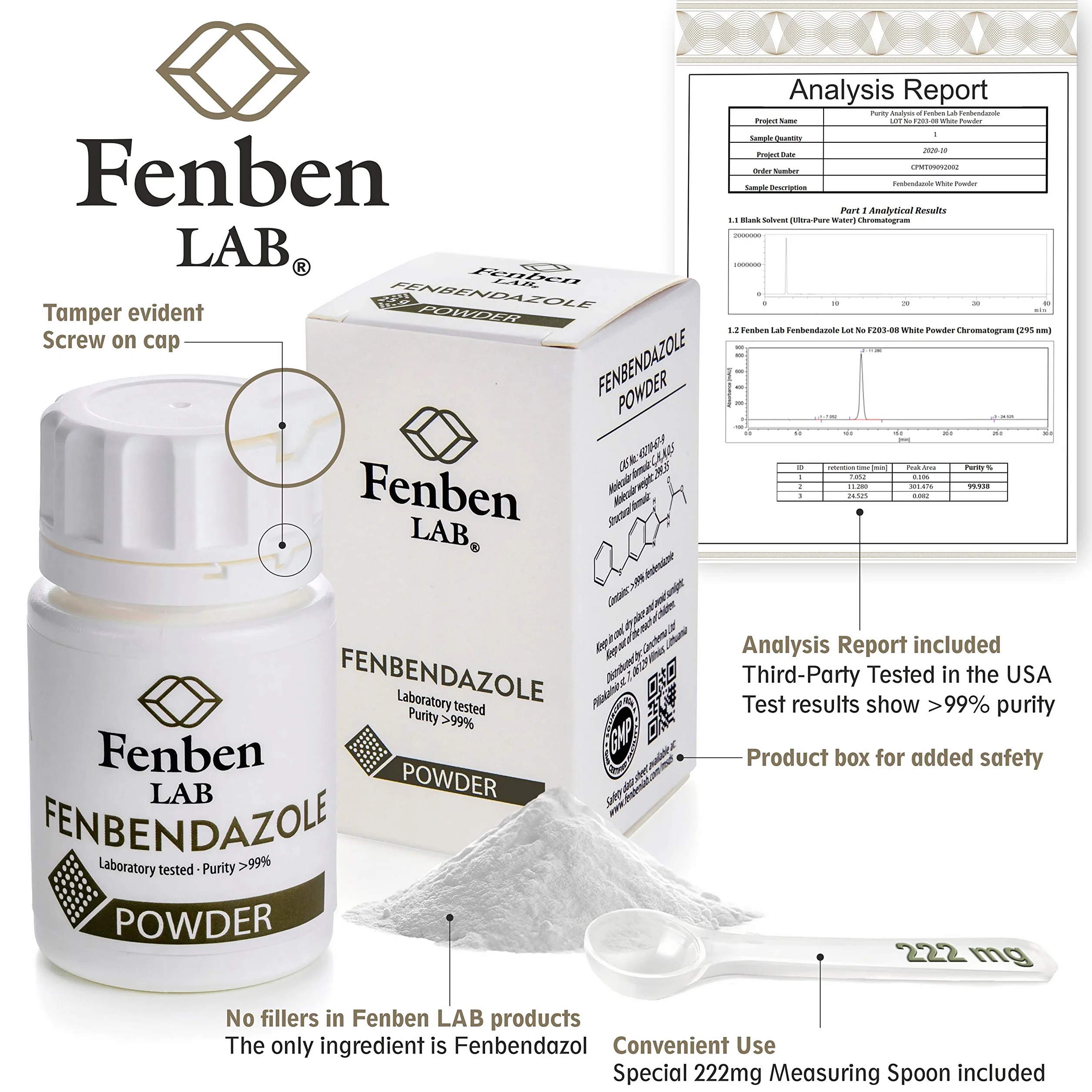 Fenbendazole 25g Proszku, Czystość >99.9%, Wyprodukowane przez Fenben Lab, Dołączono Certyfikat Analizy, Testowany w Certyfikowanym Laboratorium, 0.9oz