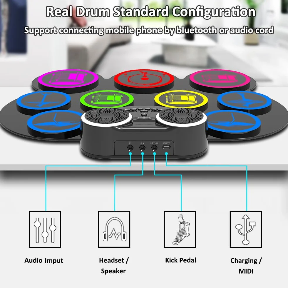 Elektroniczny Zestaw Perkusyjny CNAPXAIA 9 Padów Bębny Elektroniczne Podwójne Głośniki Złącze Słuchawkowe Bluetooth MIDI