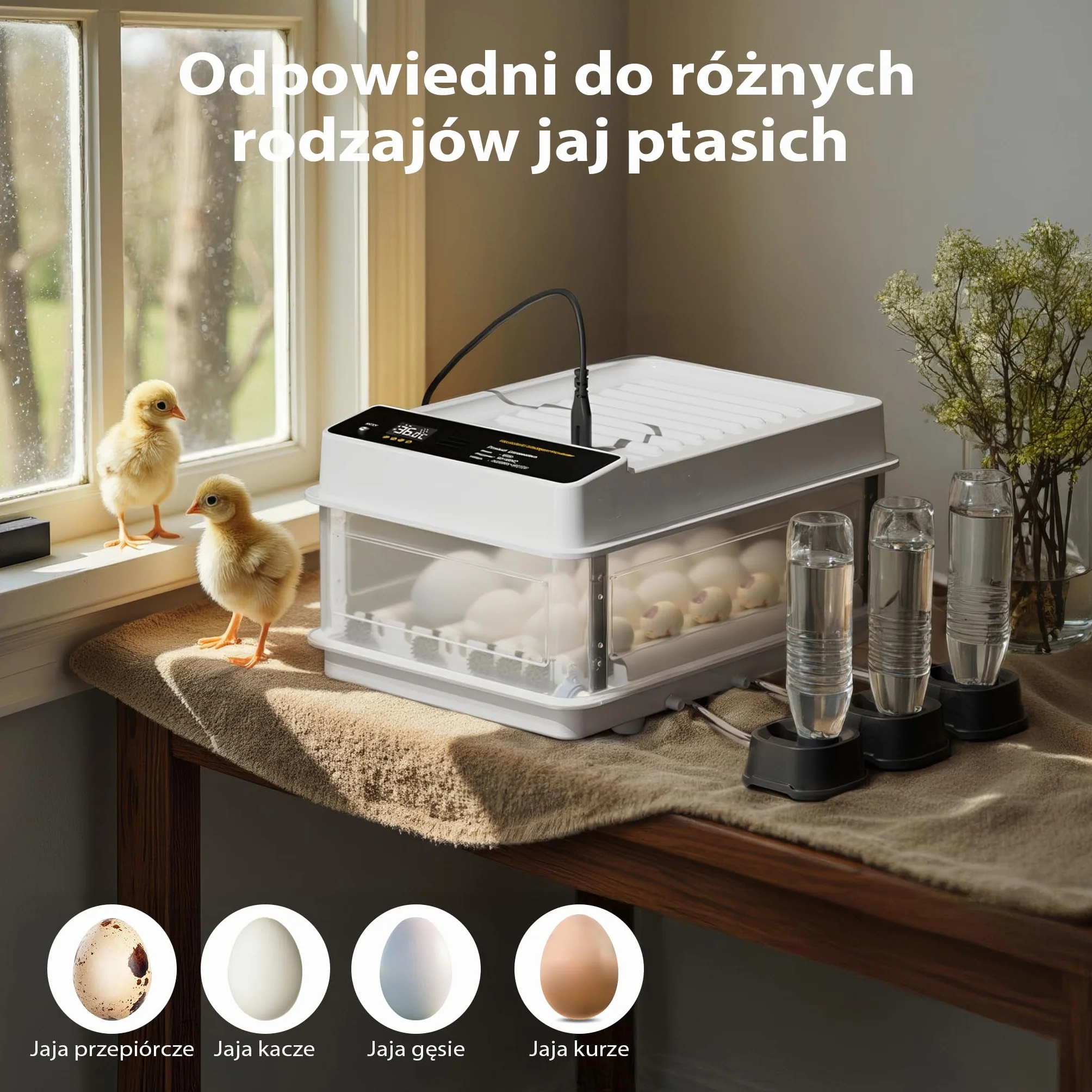 W pełni automatyczny inkubator powierzchniowy Fudajo na 24 jaja, inkubator 80 W z systemem obracania, inkubator z kontrolą temperatury i regulacją wilgotności, inkubator do jaj wylęgowych