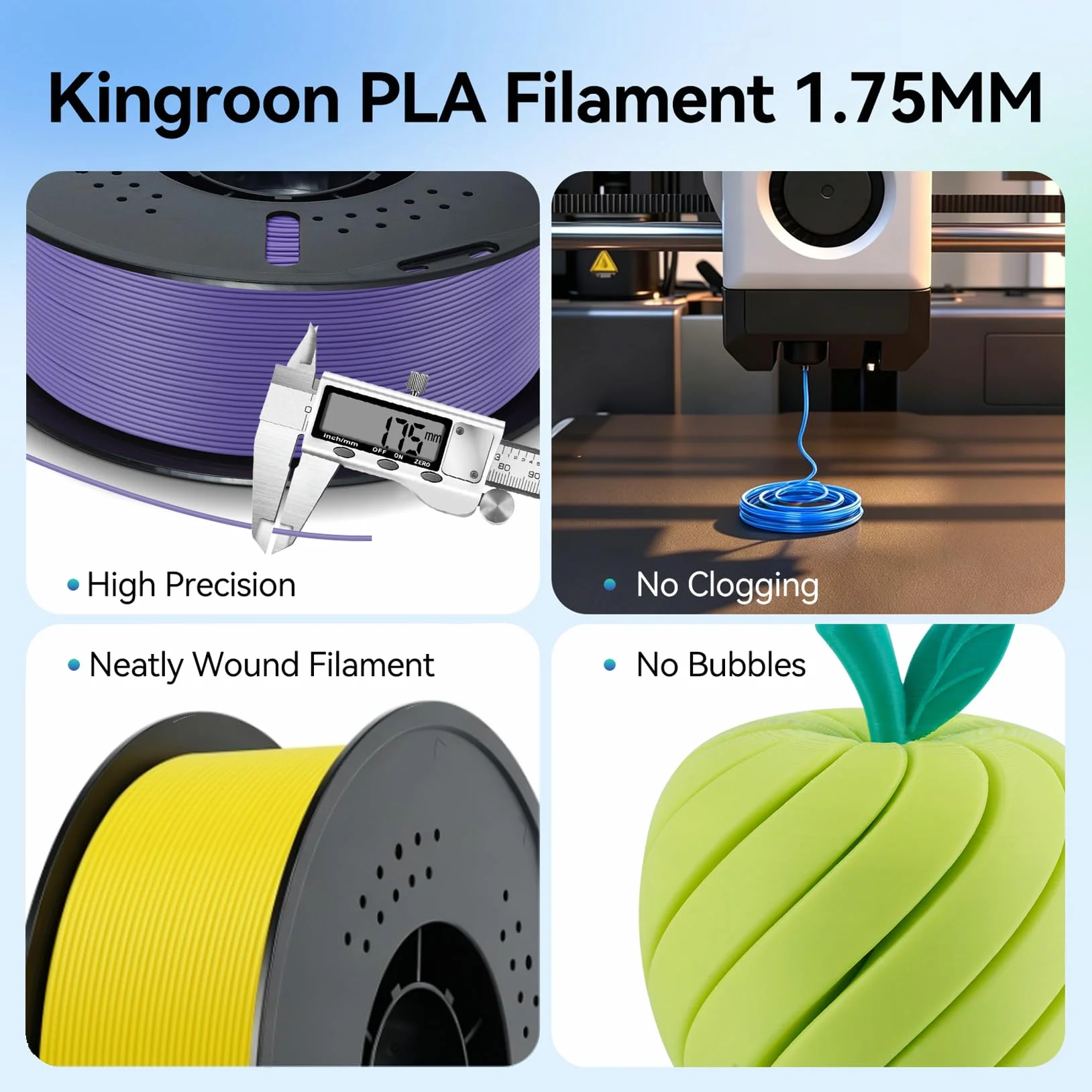 Kingroon Filament PLA 10 kg 1,75 mm, 10 szpul filamentu do drukarki 3D 1 kg, wielokolorowe opakowanie (czarny brązowy, szary, żółty, zielony, fioletowy, srebrny, błękitny, dynia, pomarańczowe drewno