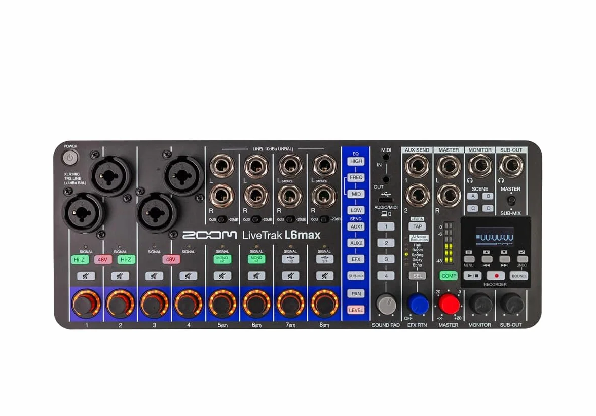 ZOOM LiveTrak L-6max przenośny 12-ścieżkowy mikser cyfrowy, rejestrator wielościeżkowy i interfejs audio dla Zespoły muzyczne, transmisji na żywo i studia, 32-bit, XLR-TRS, redukcja szumów AI, efekty