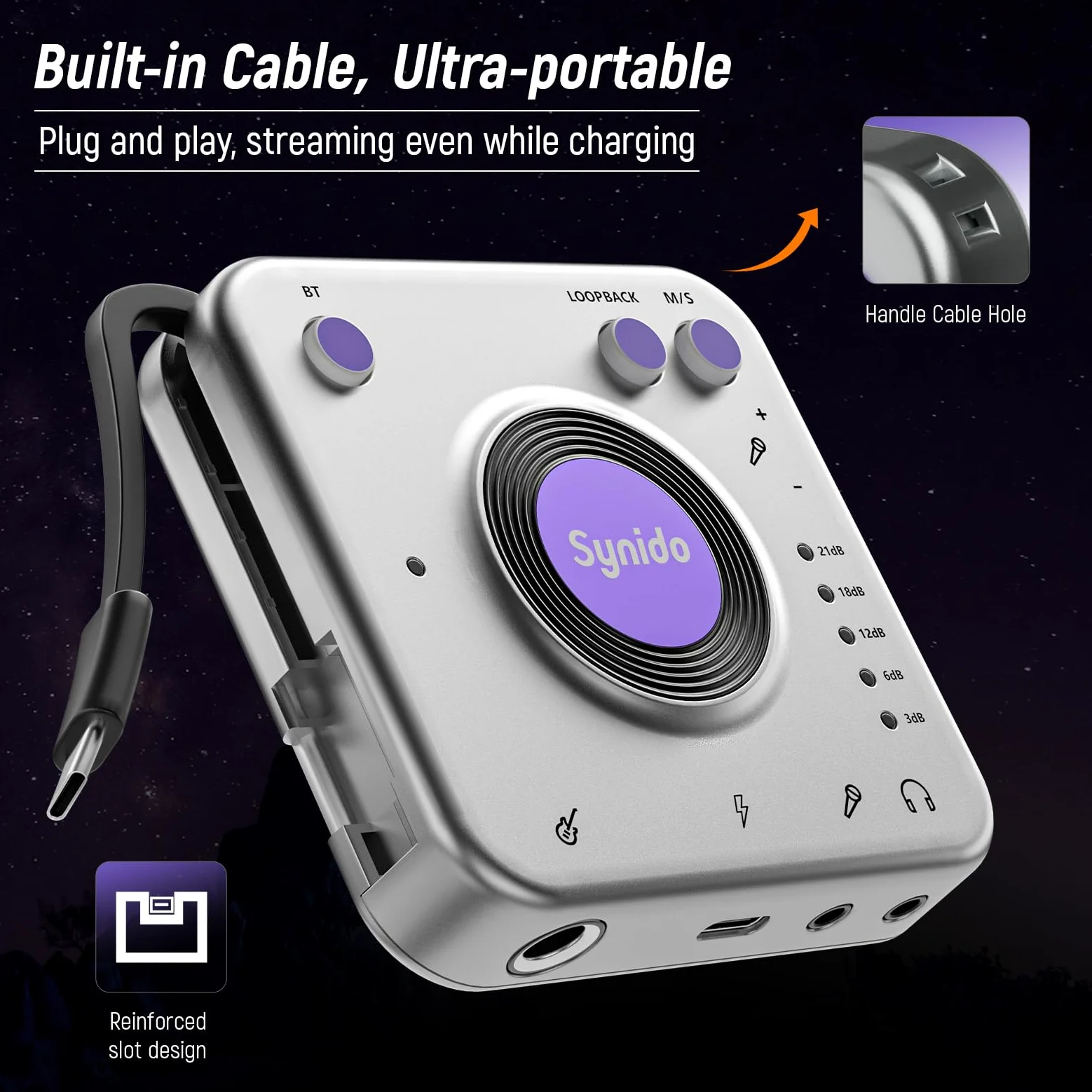 Synido Interfejs audio do nagrywania muzyki ze sterowaniem wzmocnieniem instrumentu, 24 bit/96 kHz, przenośny interfejs audio HiFi, w zestawie z USB-C, lekki adapter audio do