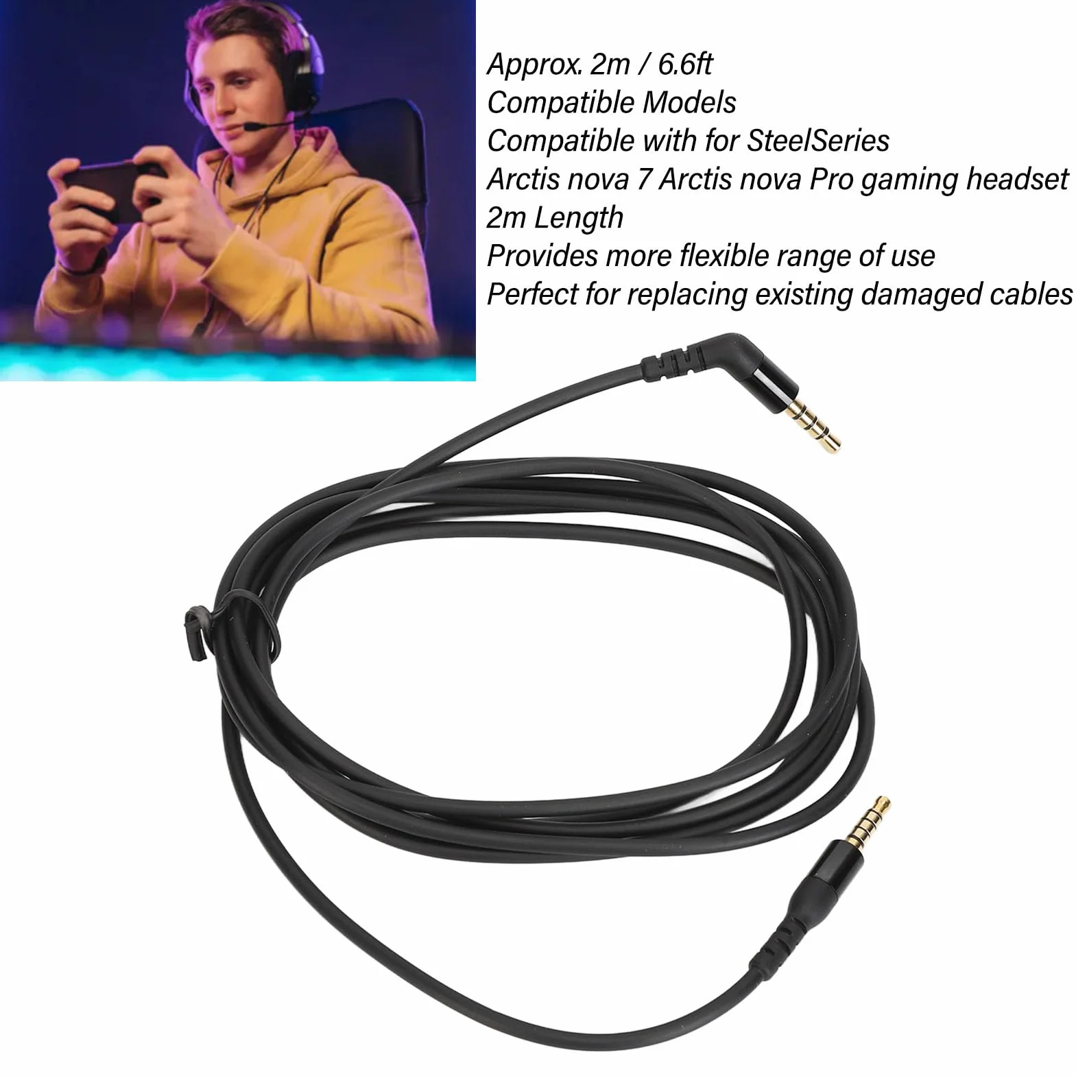 Fockety Zamienny kabel audio, 3,5 mm, 5-biegunowy, zamienny kabel kompatybilny z Nova 7 / Nova Pro, zestaw słuchawkowy do gier, kąt 135 stopni, 2 m (czarny)
