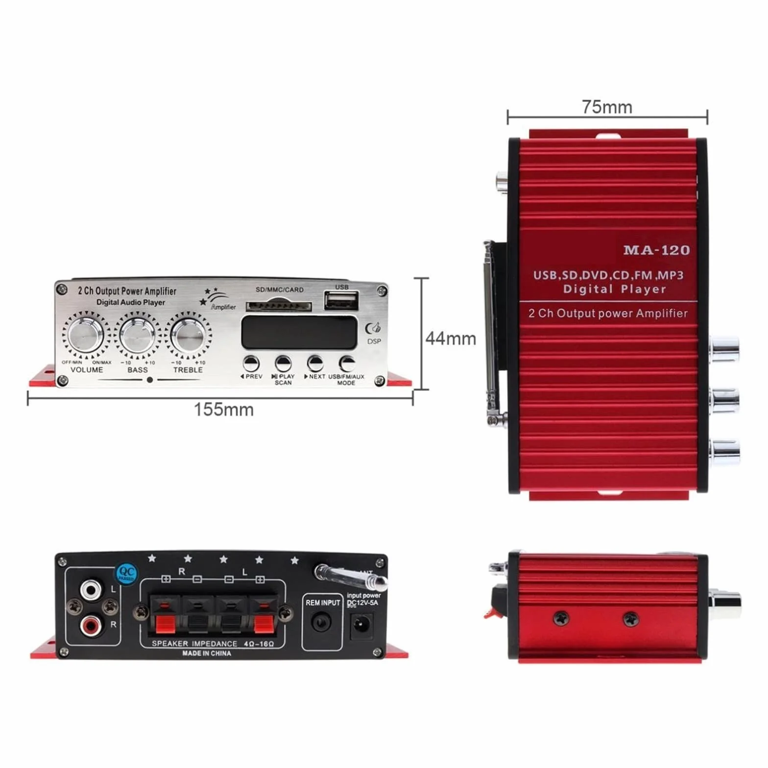 Wzmacniacz samochodowy HiFi 2-kanałowy wzmacniacz mocy wyjściowej Radio FM Odtwarzacz stereo Obsługa wejścia USB SD DVD MP3 z pilotem Precyzyjna kontrola poziomu