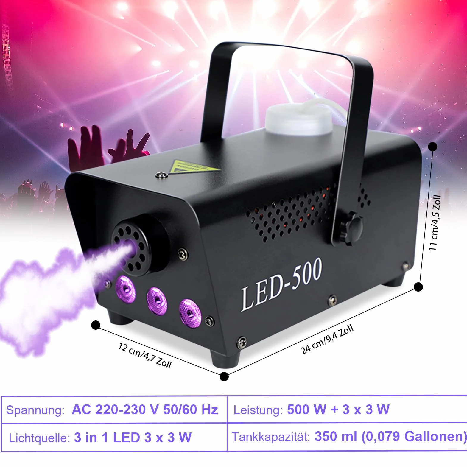 Maszyna do wytwarzania mgły, 500 W, z 3 diodami LED RGB, przenośna maszyna do palenia z pilotem zdalnego sterowania, maszyna do mgły outdoorowej, na imprezę, wesele, efekt sceniczny, dyskoteka,