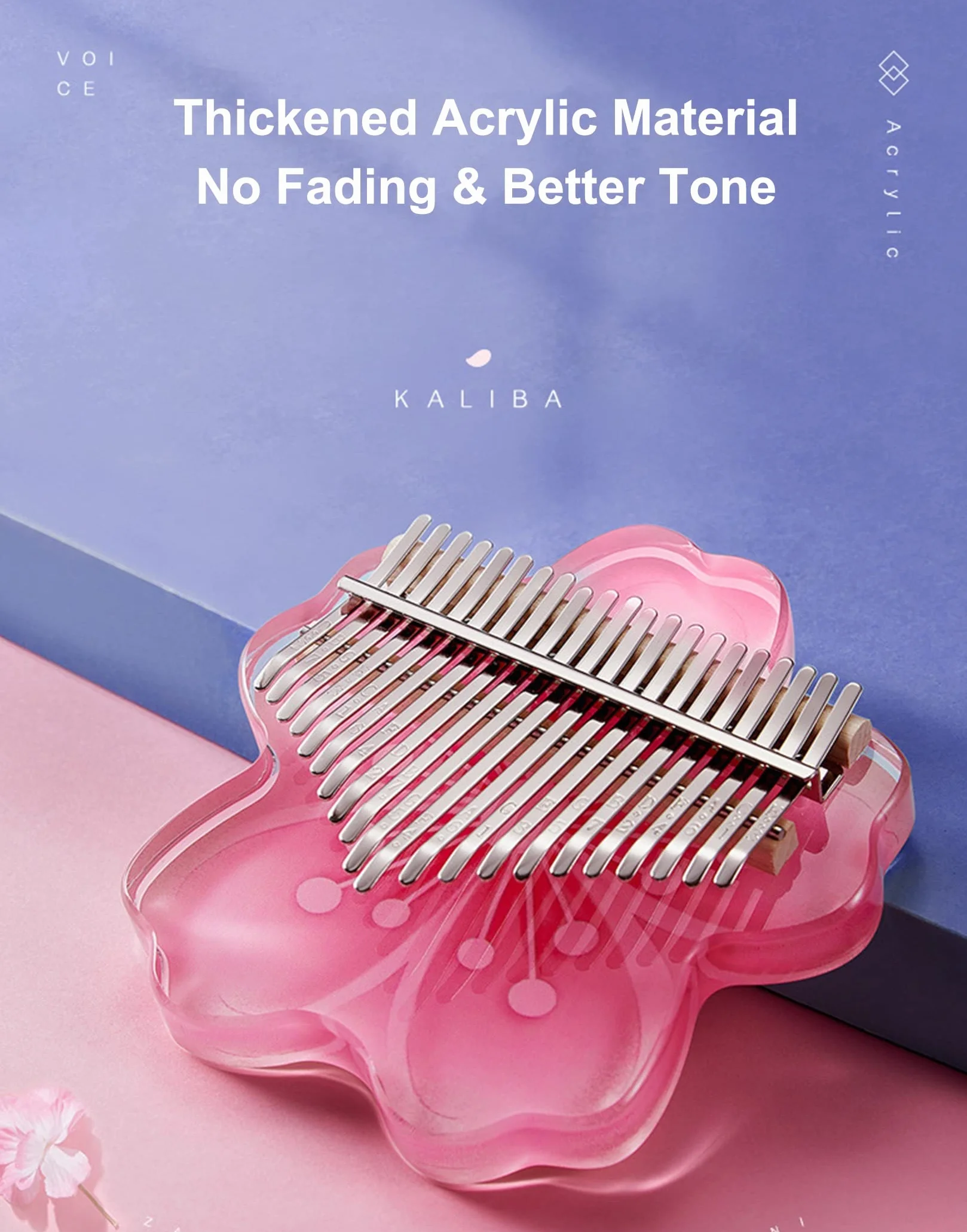 BOTOWI Zestaw 21 przezroczystych klawiszy kalimba na kciuk Sakura Shape Transparent Crystal Kalimba 17 klawiszy z etui ochronnym EVA, profesjonalne instrumenty muzyczne, różowe 17 klawiszy