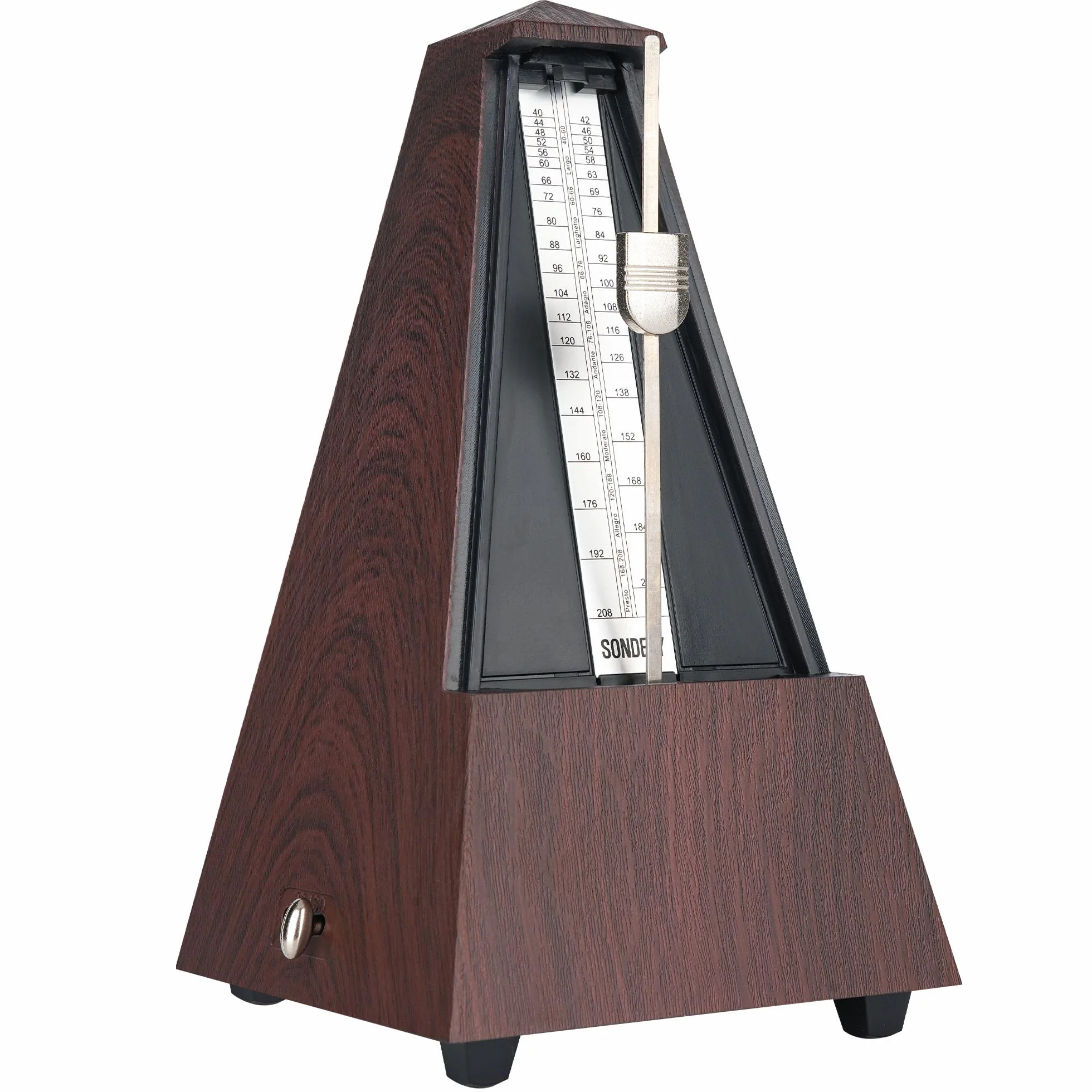Sondery Classic Mechaniczny Metronom z dzwonkiem do fortepianu, gitary, perkusji, skrzypiec, saksofonu i wszystkich instrumentów, zakres tempa 40-208 bpm, uderzenia 02346, brązowa obudowa z wzorem