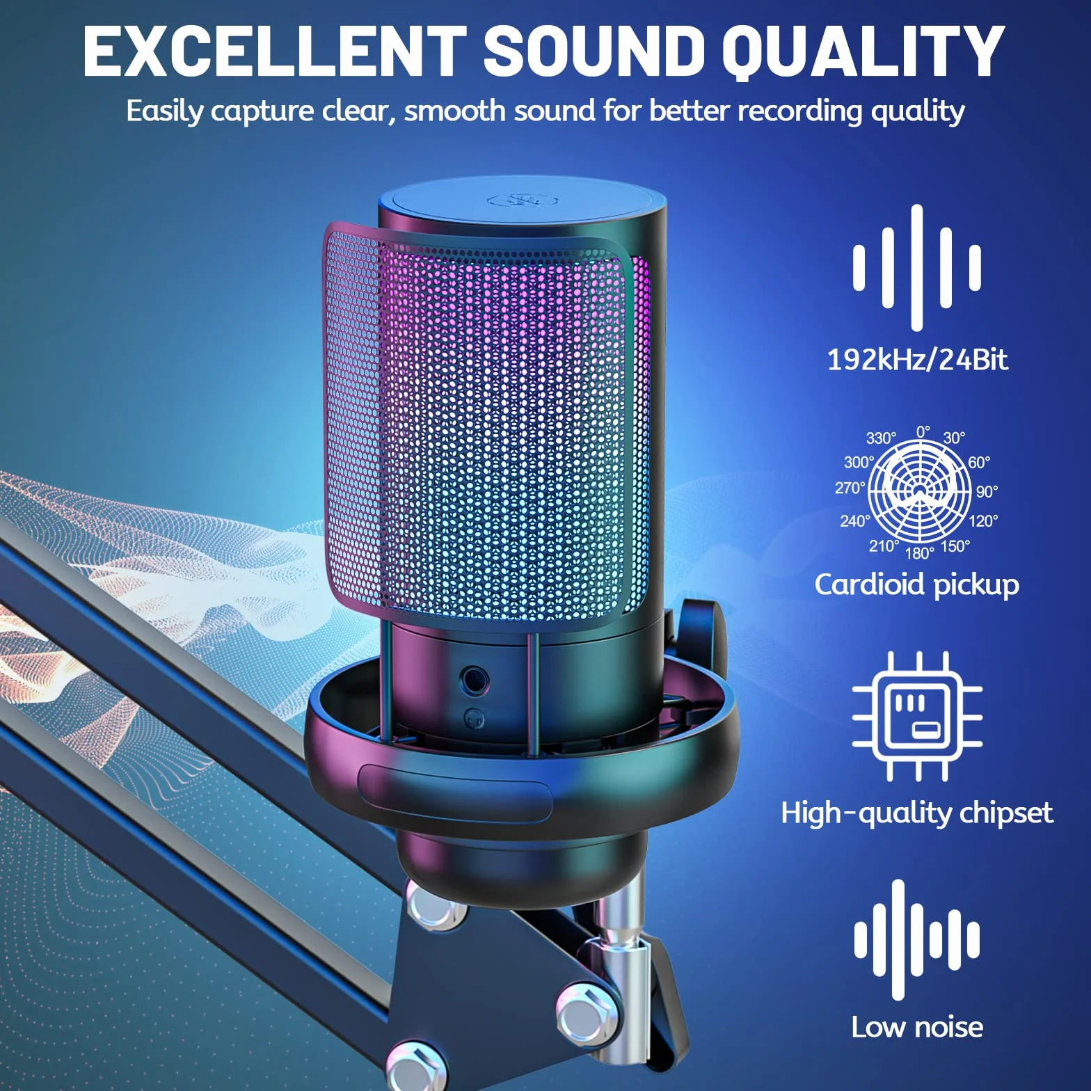 Anykuu RGB Mikrofon pojemnościowy 24 bit / 192 kHz, mikrofon de gier z 7 zmiennymi światłami, jeden przycisk wyciszający USB, mikrofon z kondensatorem i ramieniem do gier, studio, YouTube, podcastów