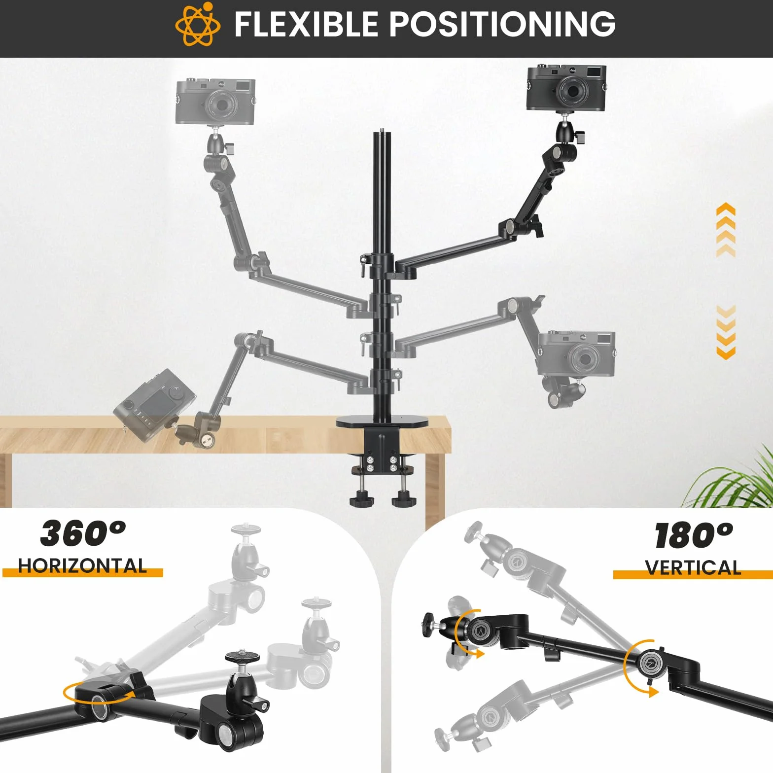 TARION Uchwyt biurkowy na ramię aparatu: Wytrzymały stojak na aparat DSLR z uchwytem na tablet Podwójny zacisk C 1/4 3/8 Adapter śrubowy Ramię przegubowe do selfie Streaming Videography TitanRig Lite