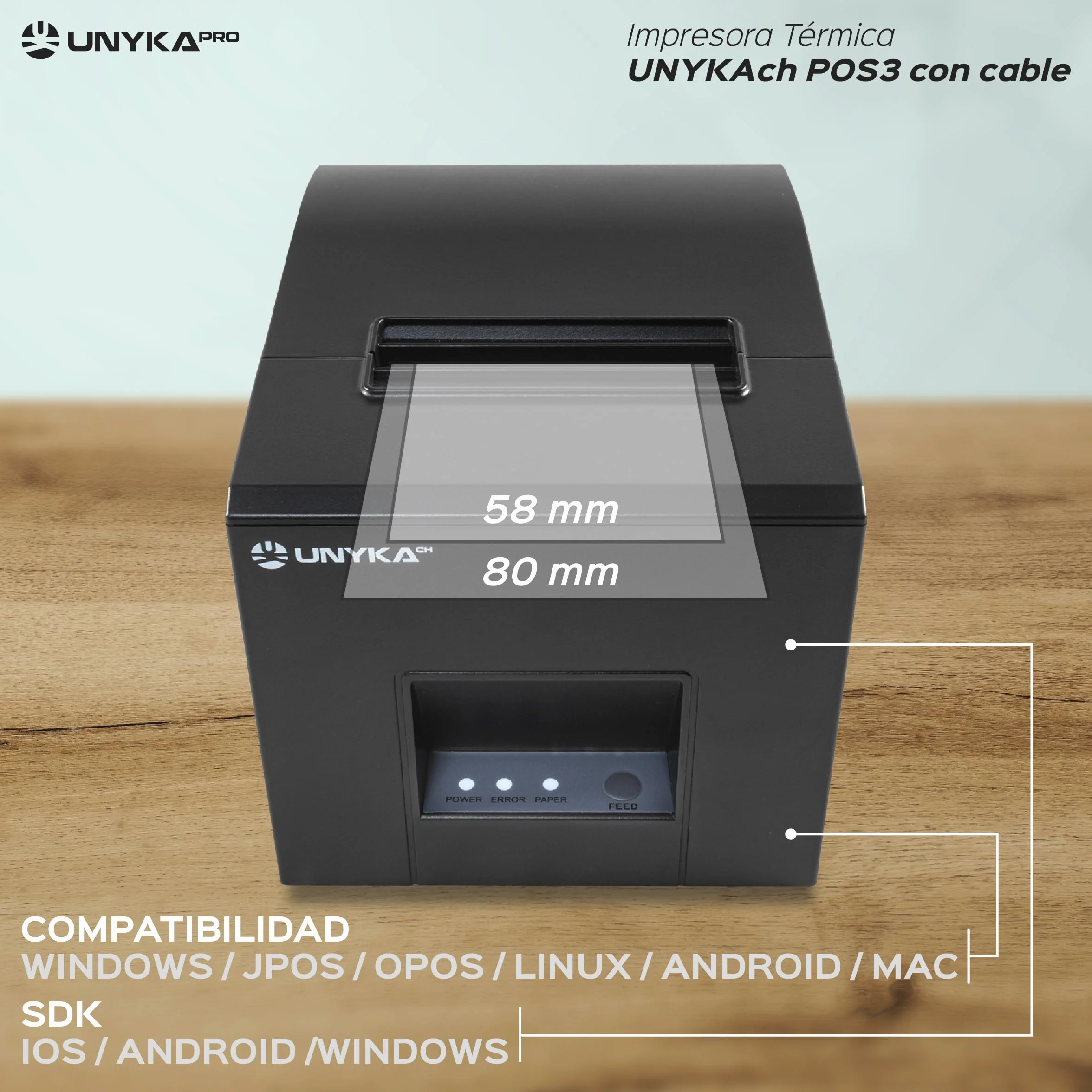 UNYKAch Aykach Thermal Drukarka banknotów UK56007 POS3, kompaktowa, papierowa 80 mm, połączenia szeregowe, USB, RJ12, RJ11 i LAN, kompatybilna ze wszystkimi systemami
