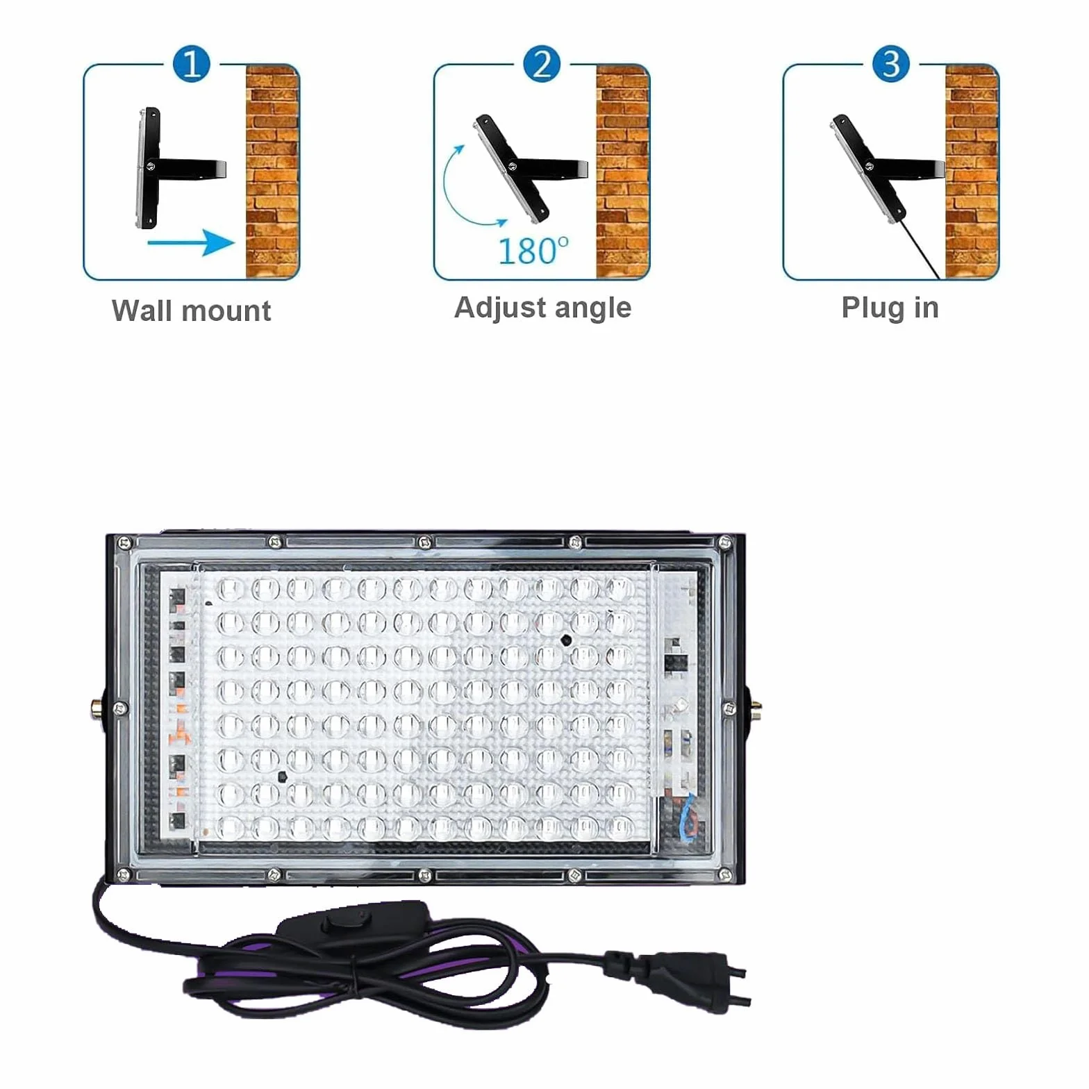 Eleganted Reflektor LED UV 100 W, czarne światło, 385-395 nm, czarne światło, z przełącznikiem, IP65, wodoszczelna lampa UV, do baru, dyskoteki, na imprezę, Halloween