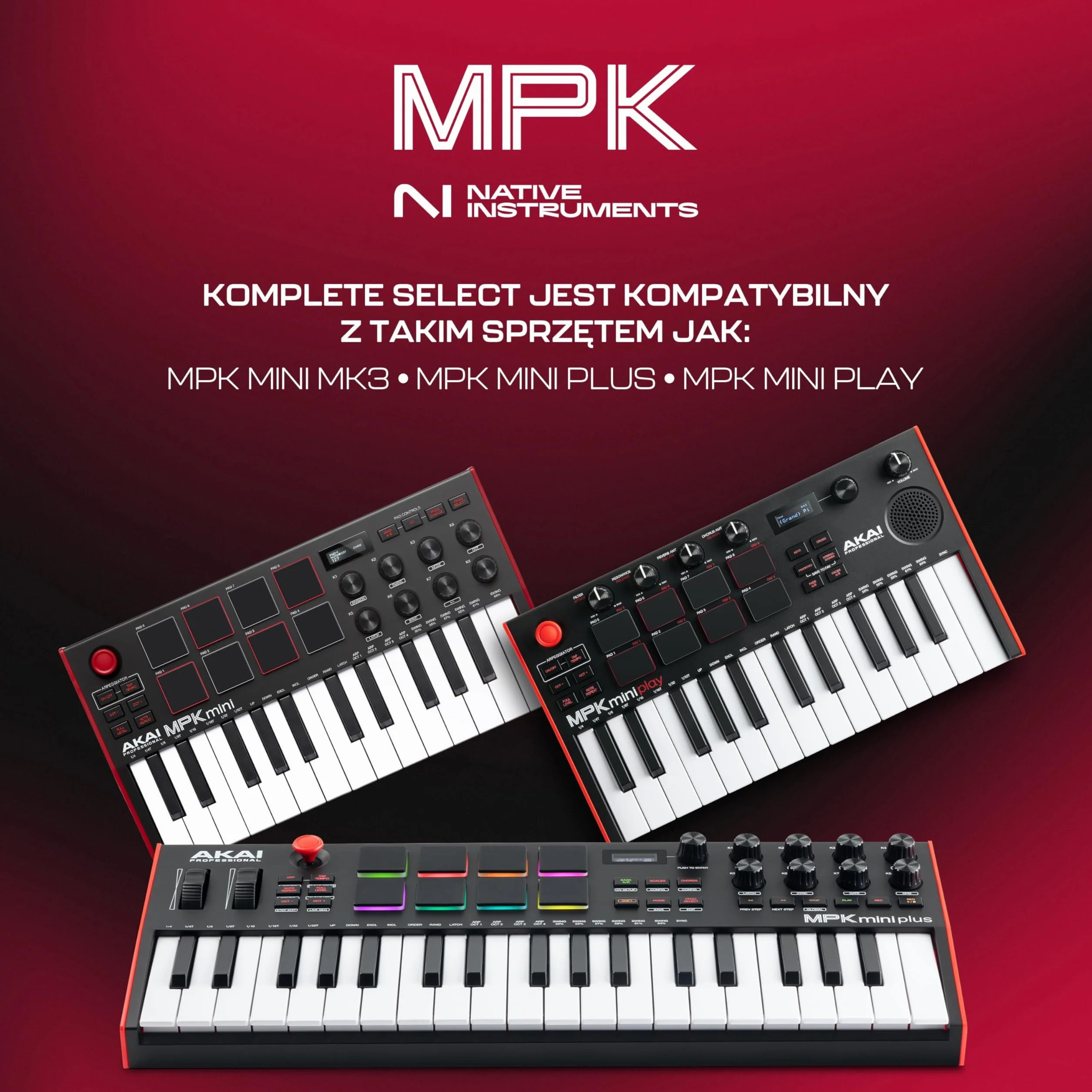 Akai Professional MPK Mini Plus – klawiatura sterująca USB MIDI z 37 miniklawiszami, 8 padami MPC, sekwencerem, MIDI/CV/Gate I/O, programem do produkcji muzyki oraz pakietem Native Instruments