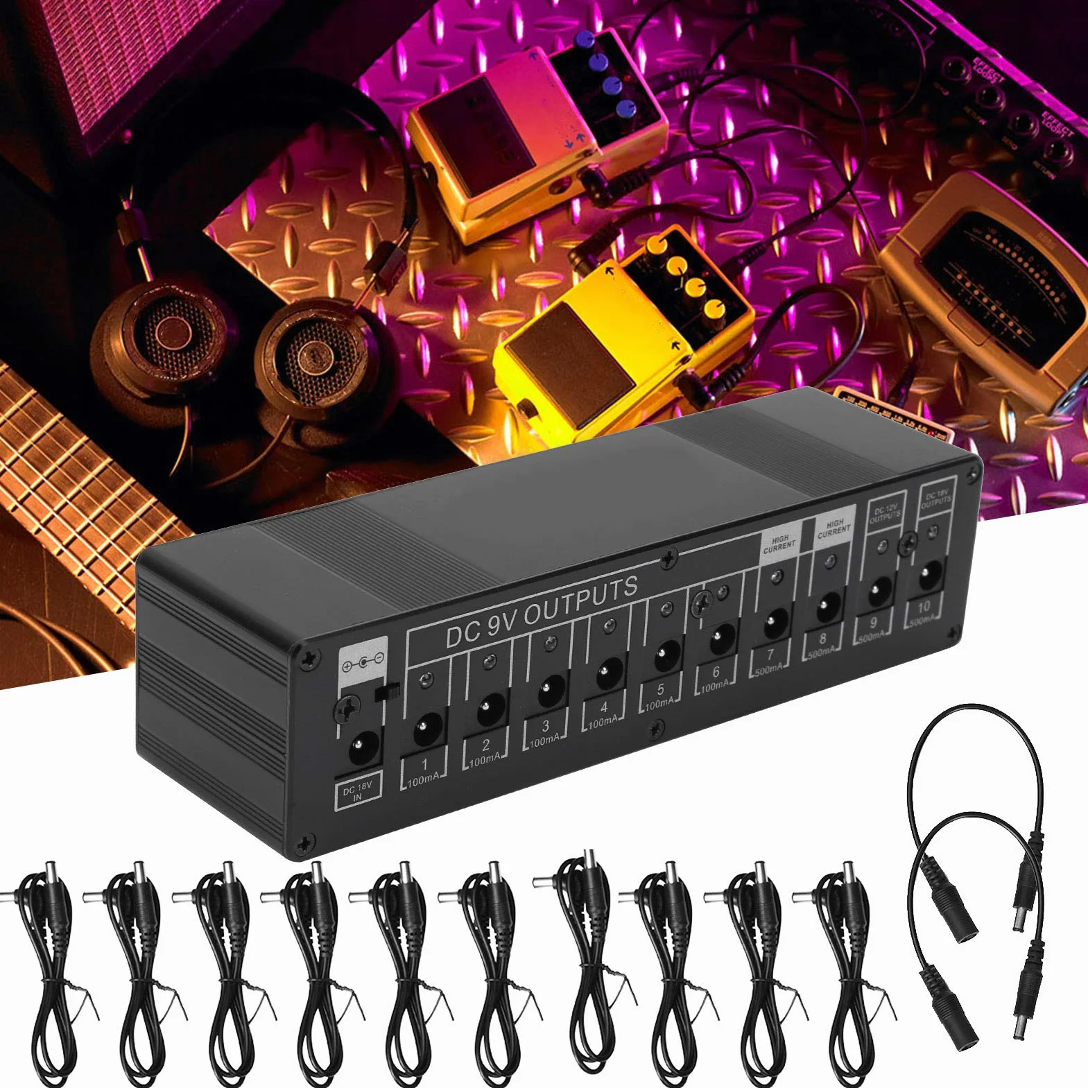 Cocoarm Zasilacz do pedałów efektów gitarowych, przenośny, 10 kanałów, ochrona izolacji – 9 V/12 V/18 V, 100-240 V (wtyczka UE)
