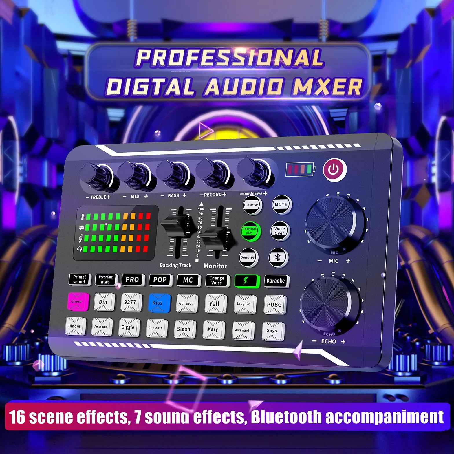 ALLWIN Karta dźwiękowa na żywo i interfejs audio z efektami miksera DJ i zmieniaczem głosu, mikser audio stereo Bluetooth F998, do strumieniowania na żywo YouTube, komputera, studia nagrań i gier