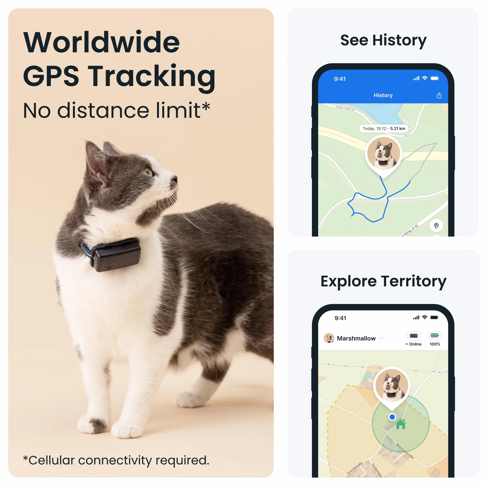 Tractive Smart Cat Tracker Mini zestaw z gumowym uchwytem, nr 1 Cat GPS, śledzenie lokalizacji w czasie rzeczywistym, historia terytorium i lokalizacji, obroża bezpieczeństwa w zestawie