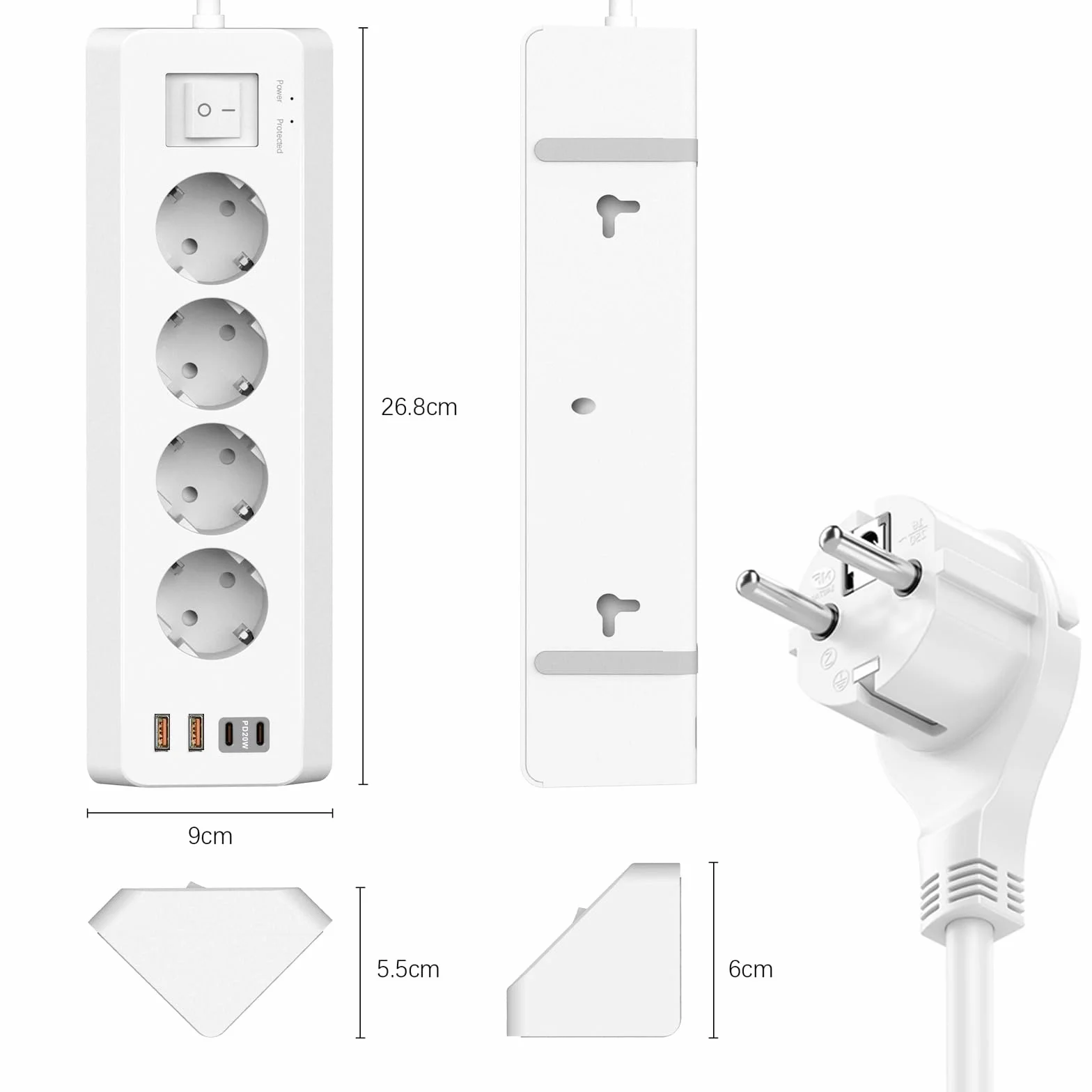 SUDEERY – Listwa z 4 gniazdami z USB C (PD 20 W), listwa zasilająca z 4 gniazdami z USB i przełącznikiem, ochrona przeciwprzepięciowa z kablem 2 m, do kuchni (biała)