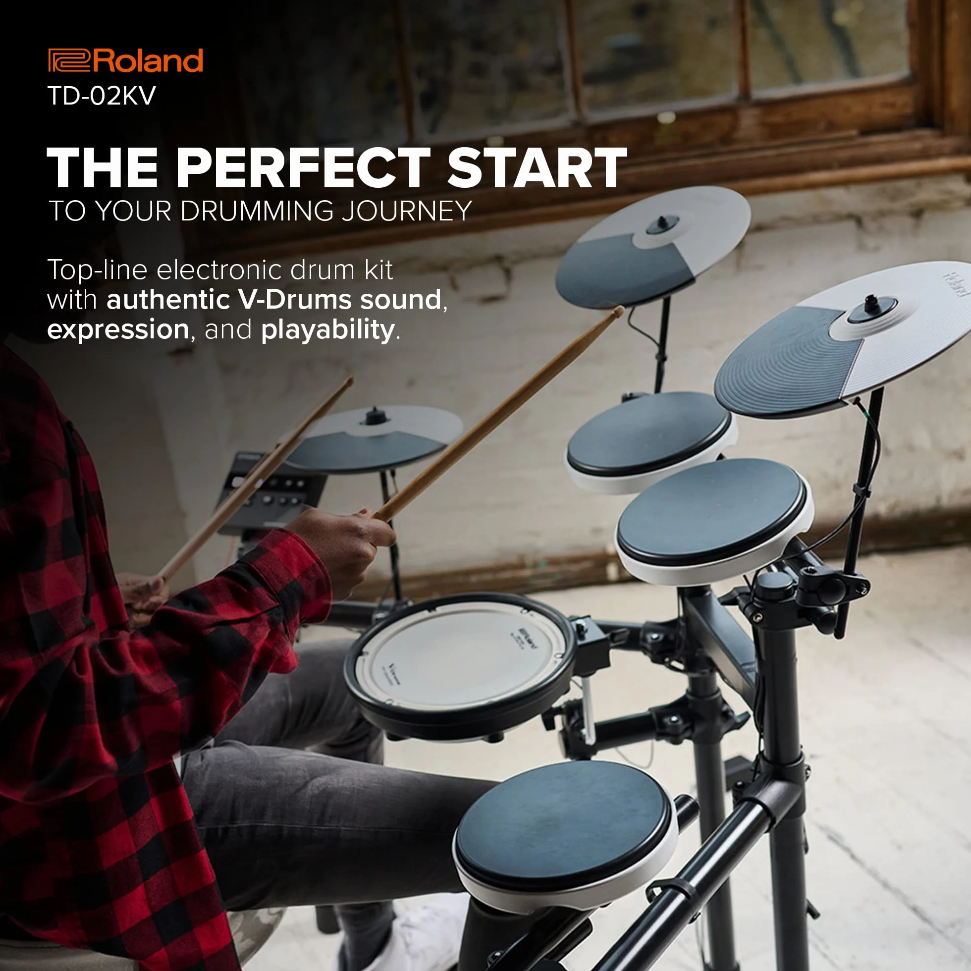 Roland TD-02KV V-Drums - Zestaw Perkusyjny z Ekspresyjną Grywalnością, Właściwościami Redukującymi Hałas, Werblem z naciągiem siateczkowym, Szeroki Układ do Gry w Stylu Akustycznym