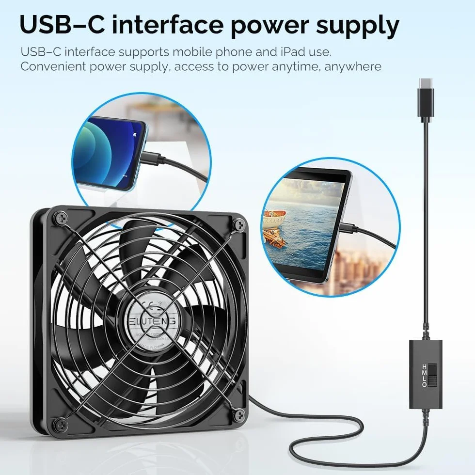 ELUTENG USB-C Wiatrak 120 mm 5V z 3 Regulowanymi Prędkościami, Wiatrak Komputerowy USB-C, Cichy Mini Wiatrak zgodny z Laptopem/Pudełkiem TV/PS4/Routerem