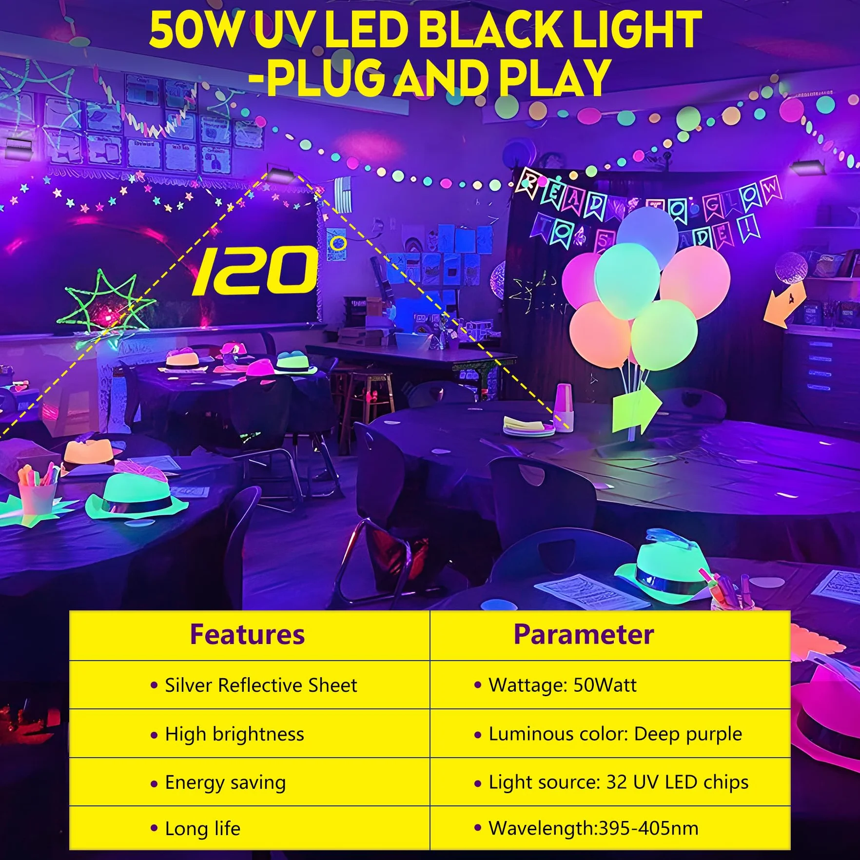 VAYALT Reflektor LED 50 W, czarne światło, reflektor LED UV na imprezę, 395-405 nm, IP66, wodoszczelna lampa z wtyczką, światło UV na dyskotekę, imprezę z okazji imprez, dekoracji Halloween