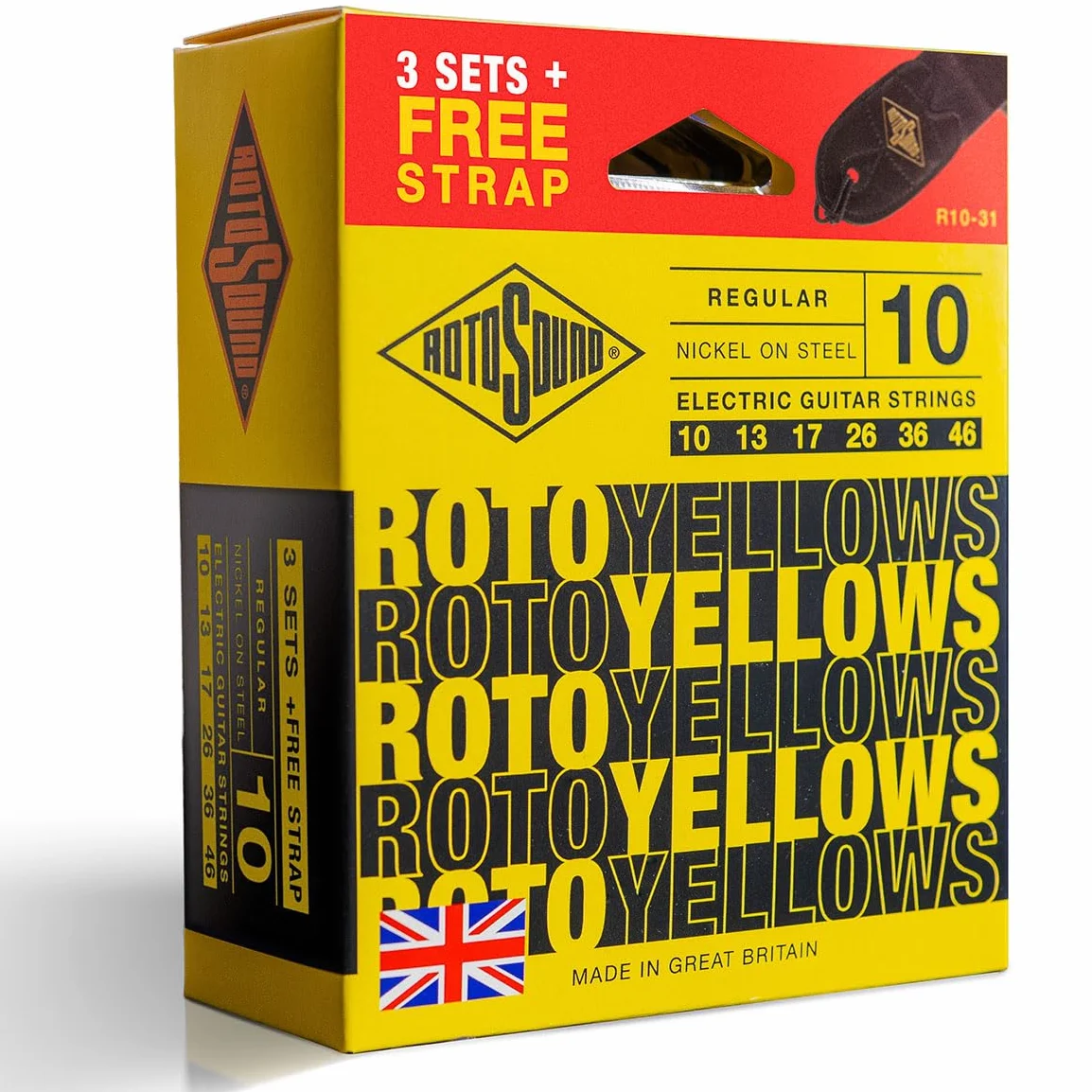Rotosound Struna do Gitary Elektrycznej Roto niklowane 3 Sety + Pasek YELLOWS R10-31-F Regular 10-46