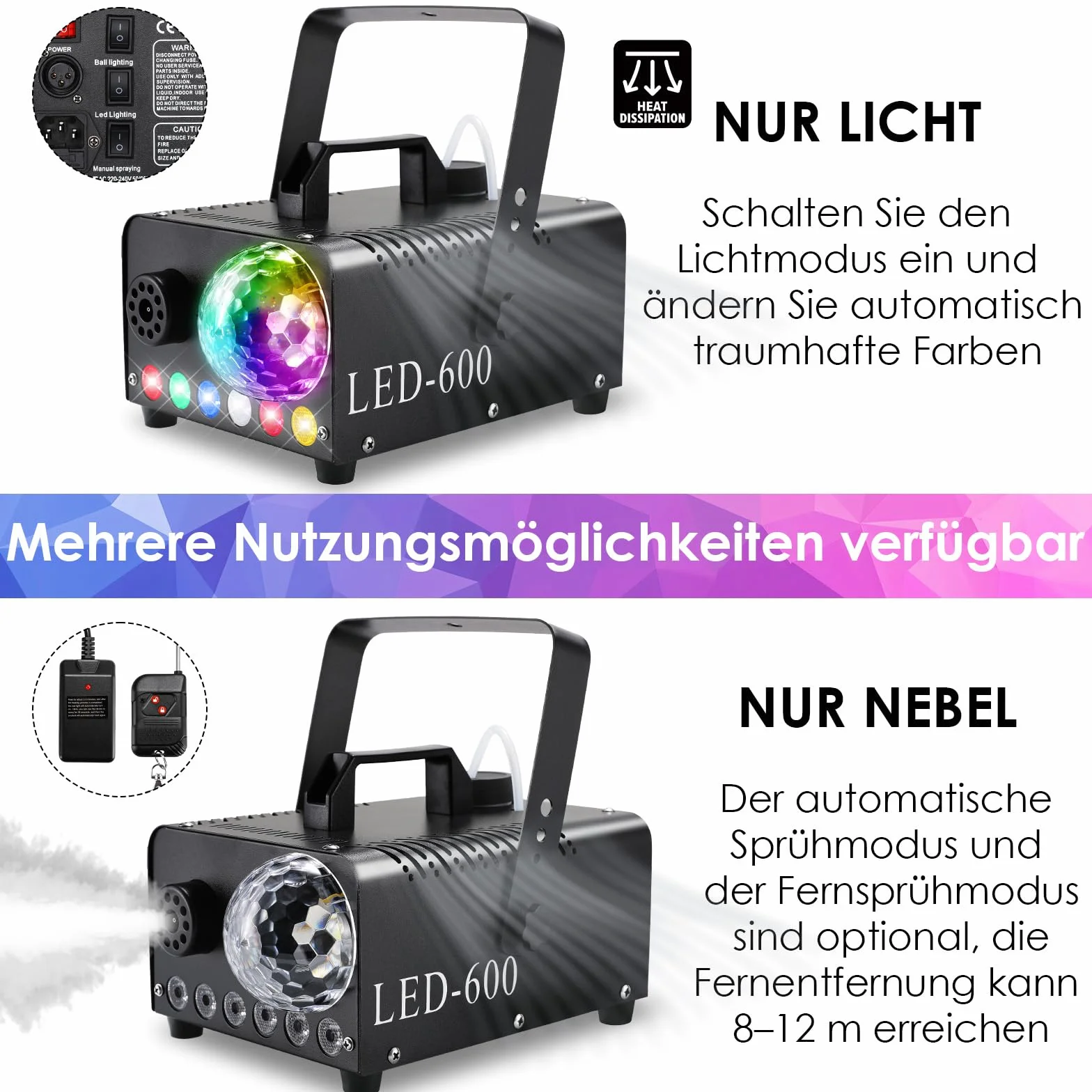 Fog Machine 600W 5000 CFM z Kulą Dyskotekową 6 LED RGB, Wytwornica Dymu