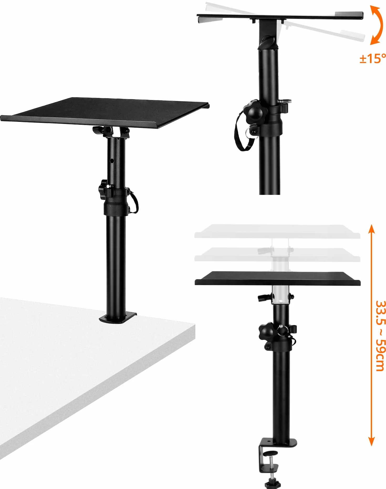 QWORK® Stojak na biurko głośnikowy, kąt nachylenia +/-15°, regulowana wysokość 35-59 cm, nośność 30 kg, czarny