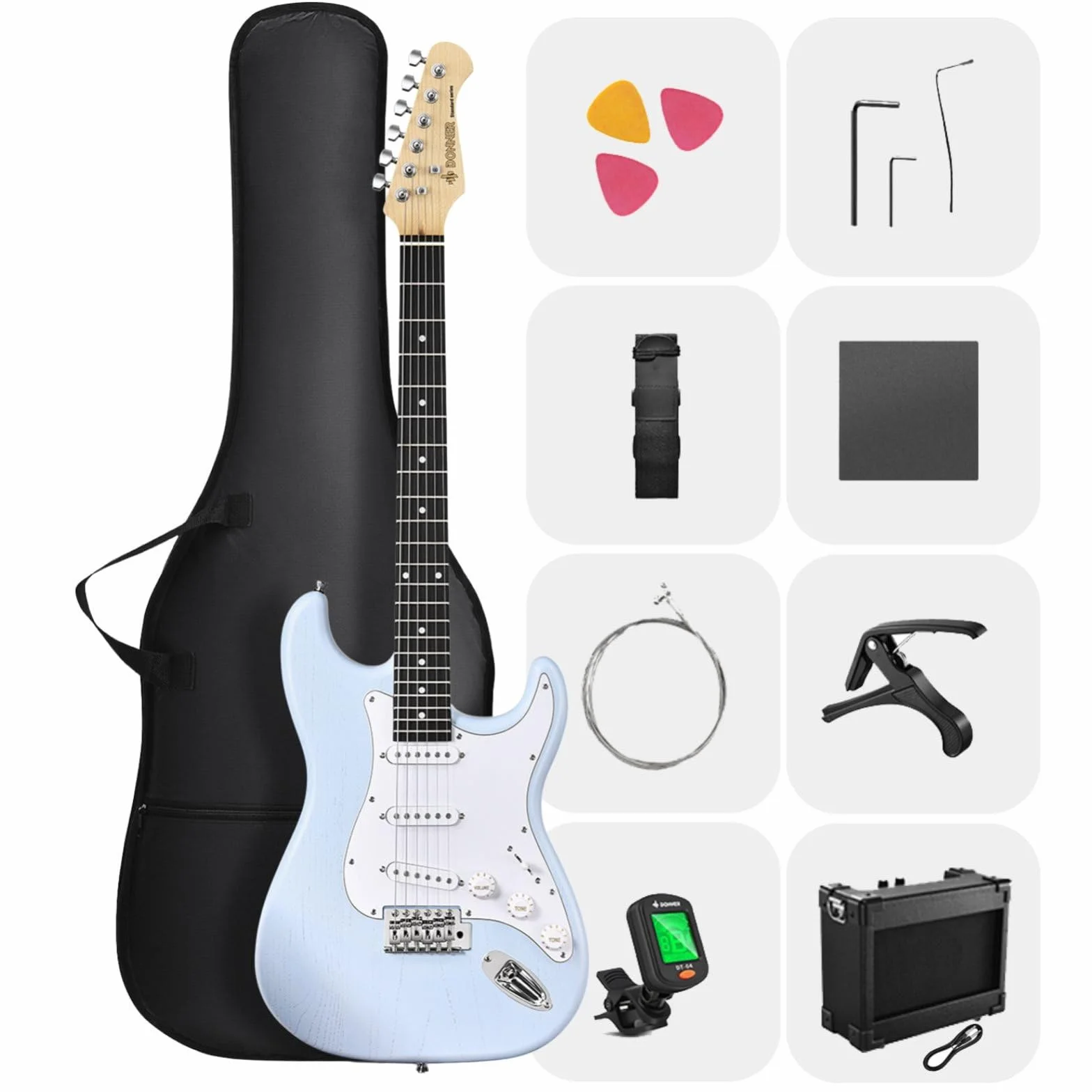 DONNER DST-80 gitara elektryczna 39 cali zestaw ze wzmacniaczem, przetwornik SSS, torba, tuner, kapo