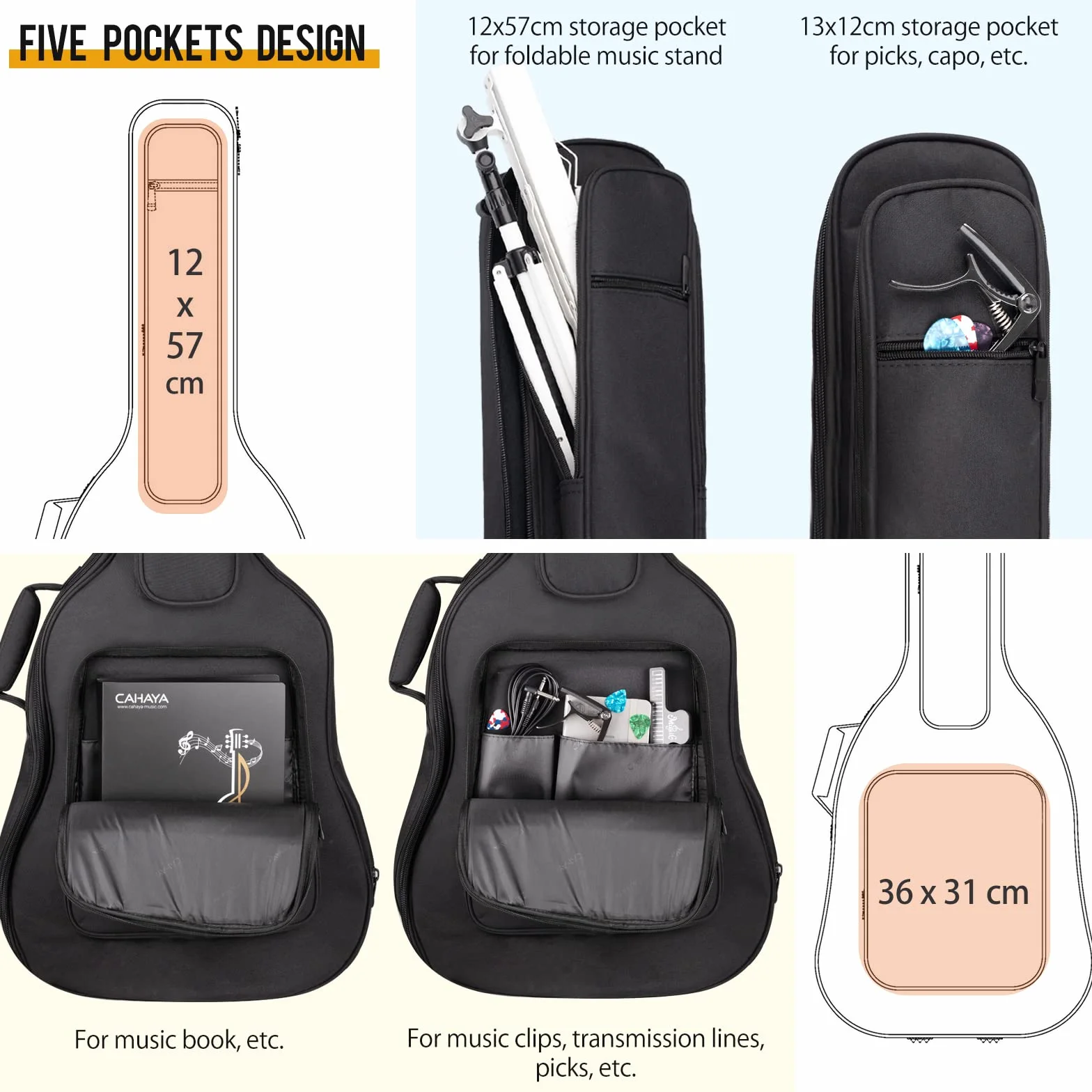 CAHAYA Torba na gitarę Gig Bag wyściełana torba 18 mm wodoszczelna torba na gitarę, czarny, No