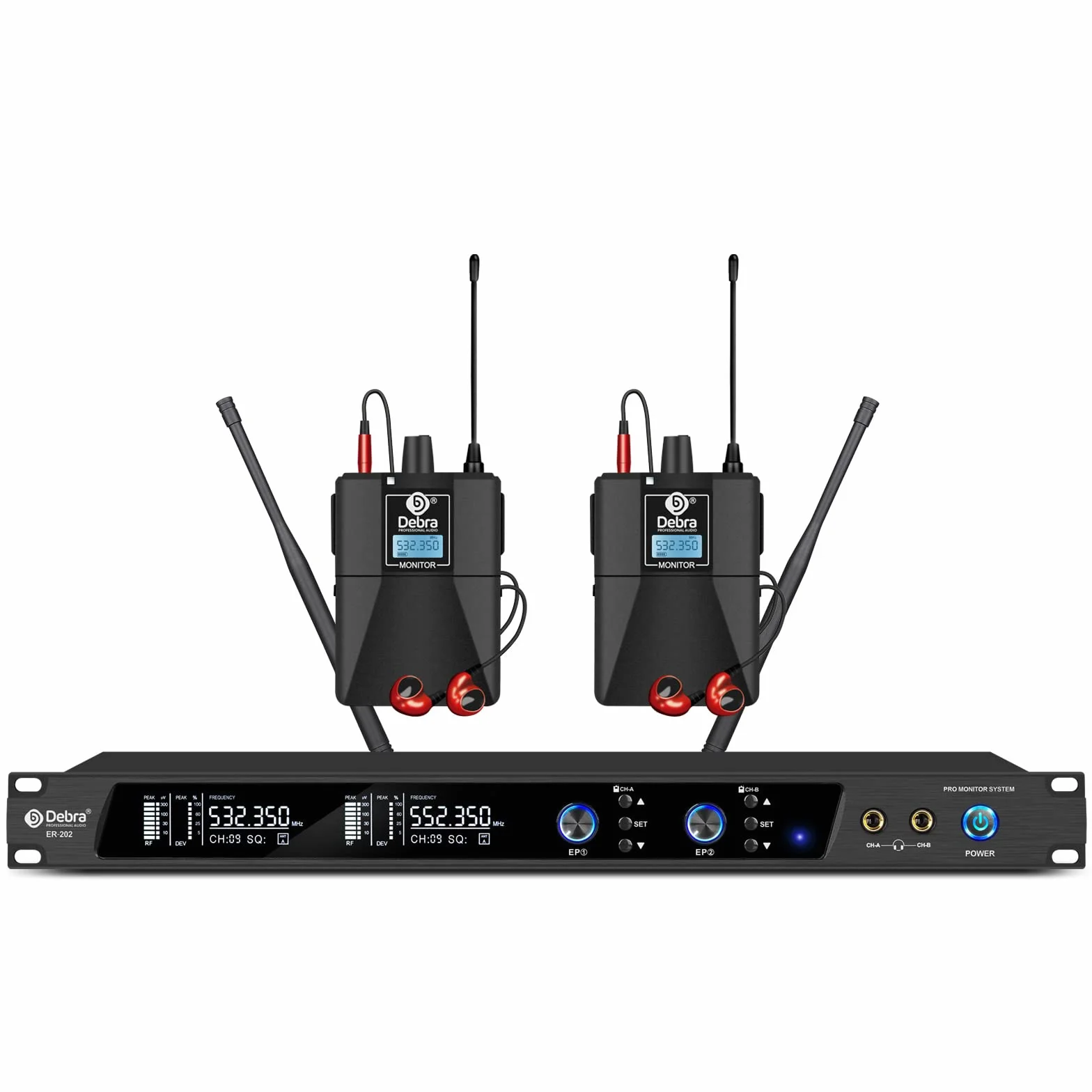 D Debra Audio PRO ER-202 UHF Dual Channel bezprzewodowy system monitoringu dousznego z nadajnikiem i odbiornikiem do sceny, studia nagrań, muzyków, monitoringu (2 body pack z nadajnikiem)