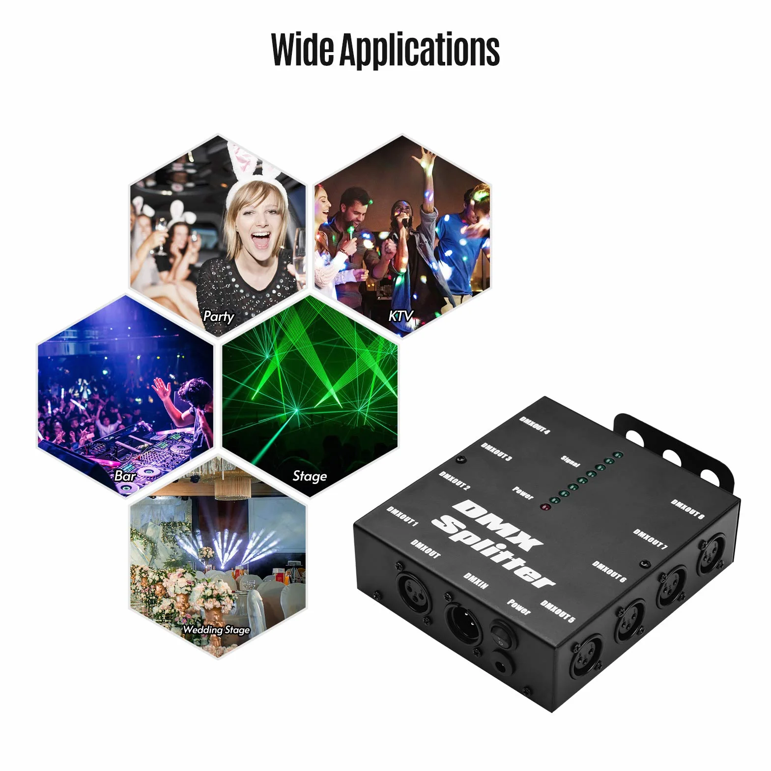 Rozdzielacz sygnału światła, KOCAN DMX512 Optyczny rozdzielacz sygnału dystrybutora 1 bezpośrednie wejście i wyjście 8 niezależnych wyjść do kontrolera oświetlenia Konsola sceniczna DJ Club D
