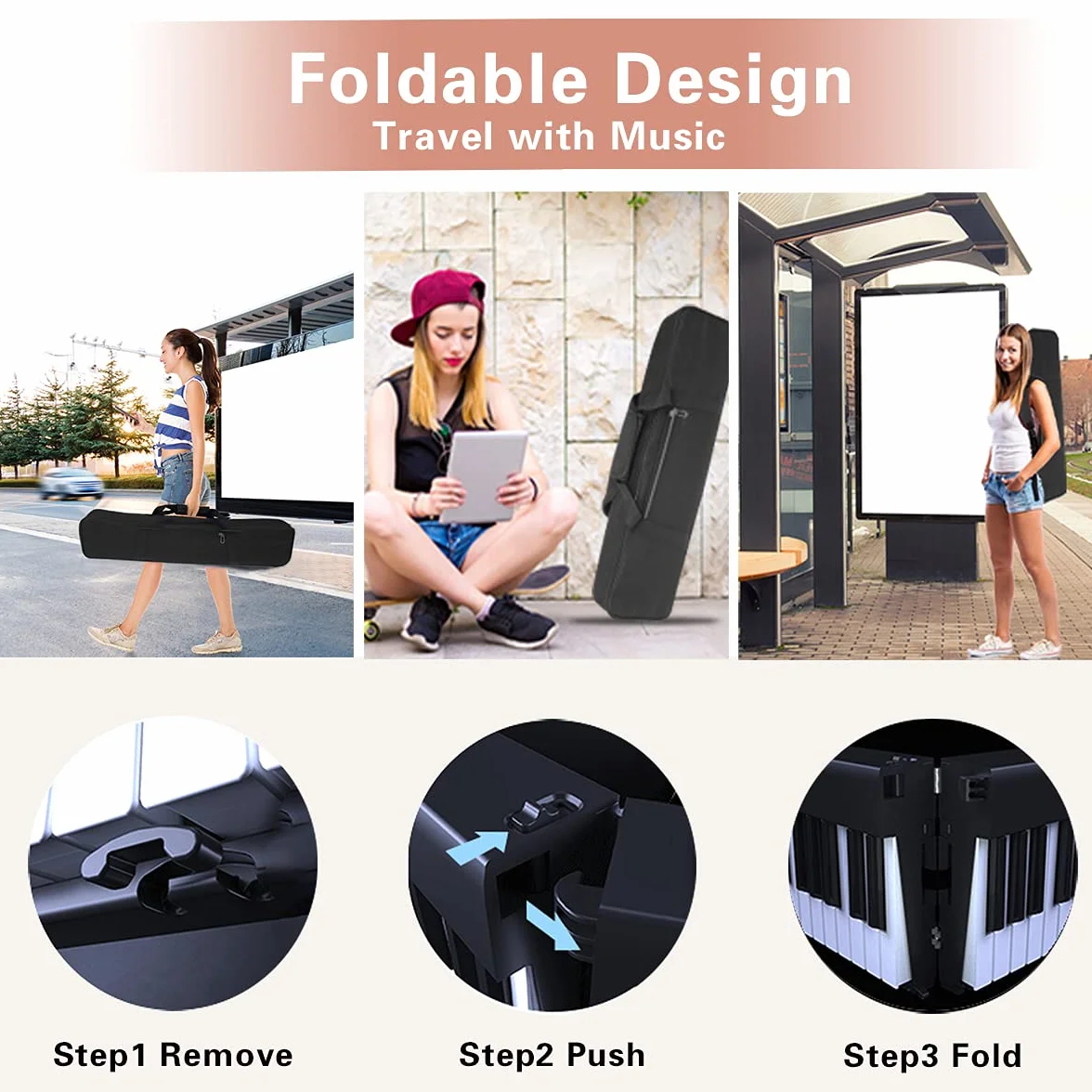 Veetop Składane pianino klawiatury, z 88 klawiszami, przenośne, pełnowymiarowe pianino elektroniczne z Bluetooth, MIDI, akumulator do wielokrotnego ładowania, składane pianino cyfrowe Geat dla początkujących, dzieci, dorosłych