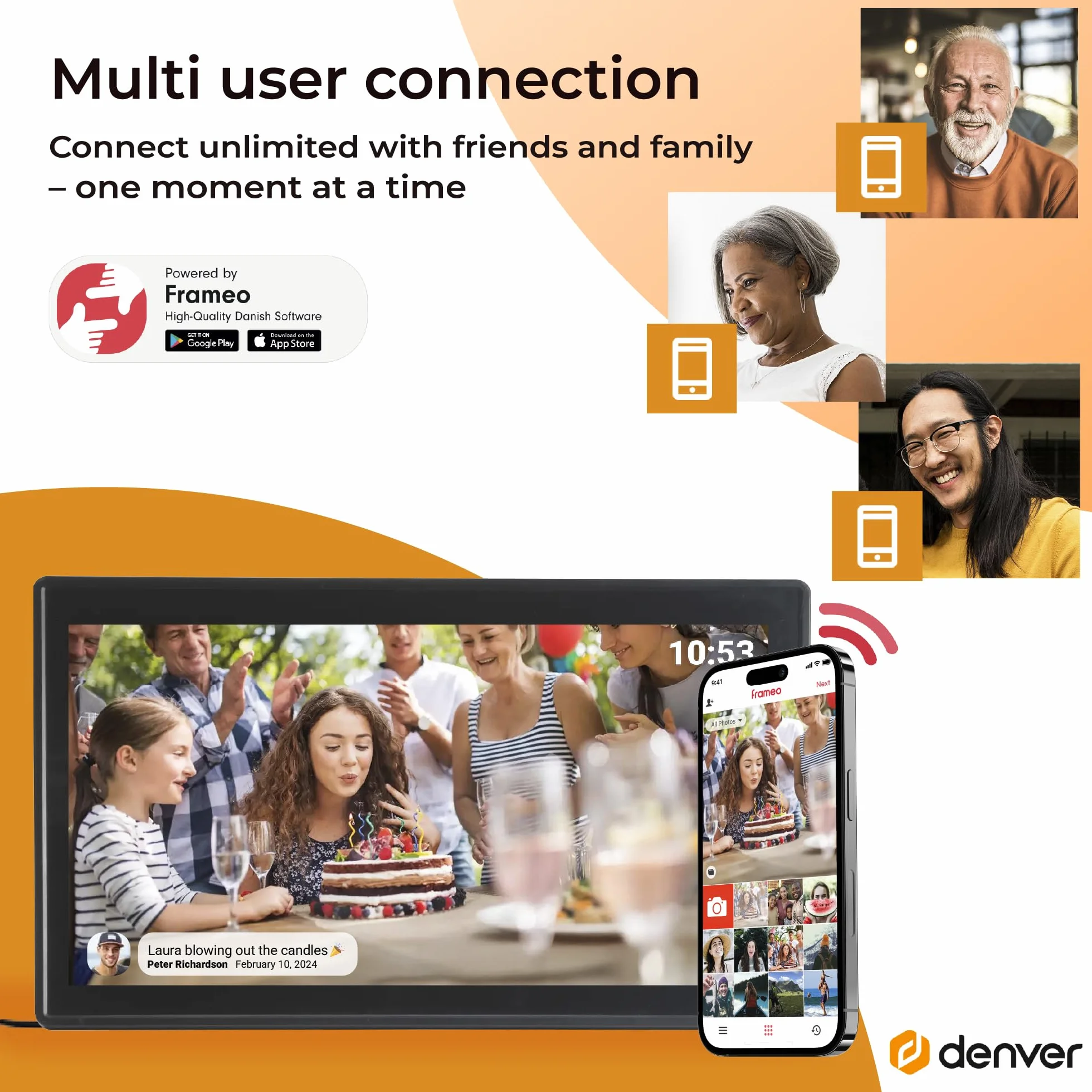 Denver PFF-1515B cyfrowa ramka na zdjęcia Wi-Fi – ekran dotykowy Full HD IPS 15,6", zintegrowane oprogramowanie FRAMEO, bezprzewodowe udostępnianie, automatyczne wyłączanie nocne, pamięć 16 GB, czarna