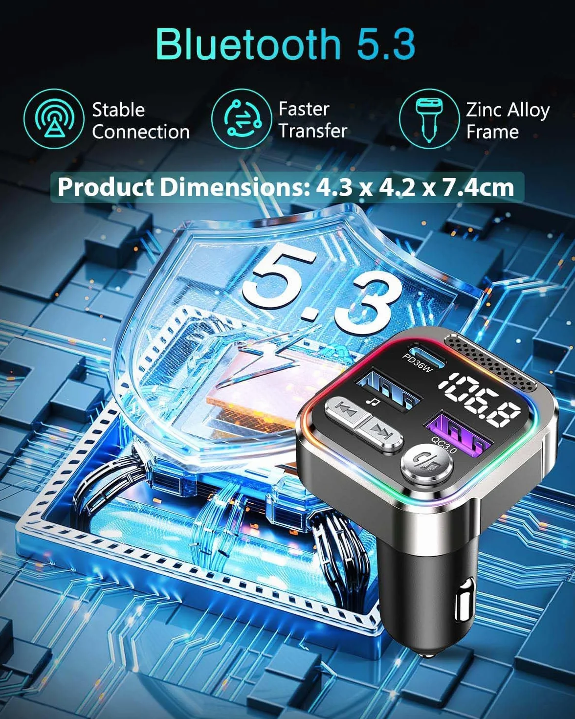 ORIA Nadajnik FM Bluetooth 5.3 66W, PD 36W + QC3.0 18W Samochodowy Nadajnik Bluetooth Radio, Połączenia Głośnomówiące, Synchronizacja Muzyki, Światło Oddechowe, Samochodowy Adapter Muzyczny