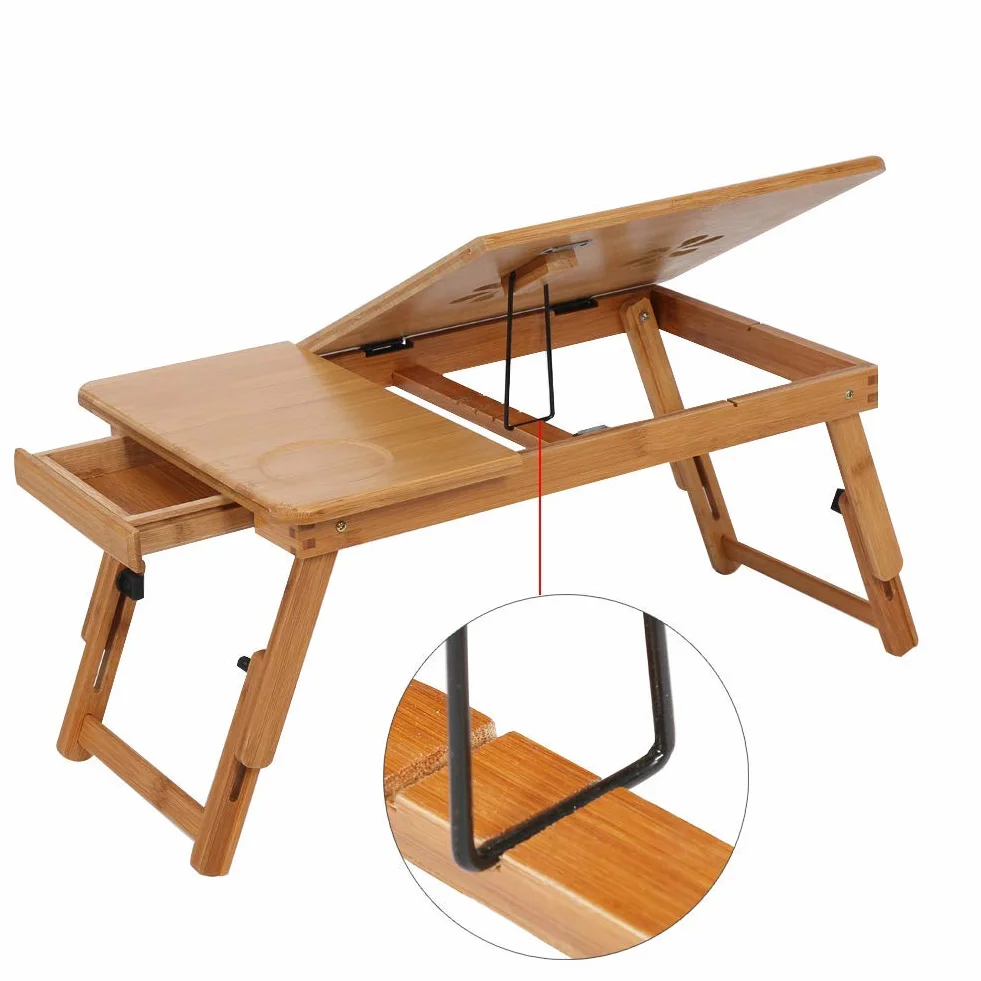 Greensen Stolik do łóżeczka dziecięcego na laptopa, regulowany bambusowy blat, przenośny stół komputerowy Nanzhu z wysuwanymi nogami z szufladą, 50 x 30 x 20 cm