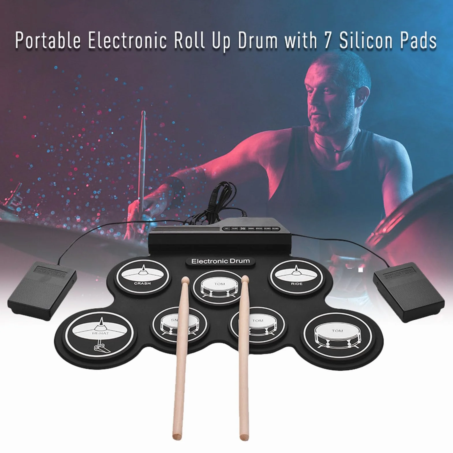 USB Roll Up Drum Pad do ćwiczeń 7 Podkładek Silikonowa Perkusja Elektroniczna 5 Strojów 8 Utworów Demonstracyjnych 3 Rytmy