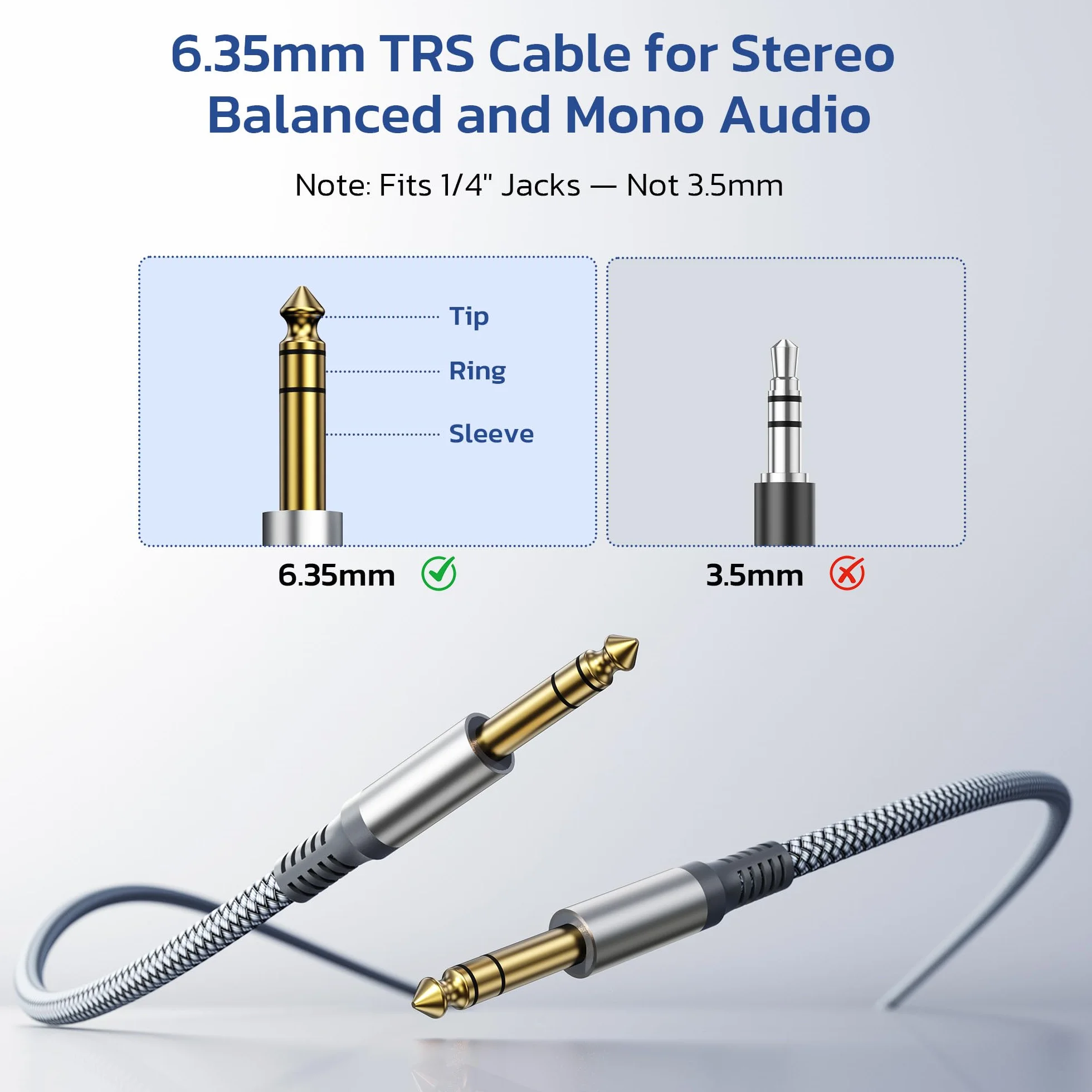 RUXELY Kabel Instrumentalny TRS 3M 2Pack,6.35 mm Złącze Kątowe 1/4" Typu Jack Wtyk Męski Stereofoniczny Przewód Audio,Zbalansowany Kabel Liniowy do Gitary Elektrycznej,Basu,Miksera,Mixer Keyboard