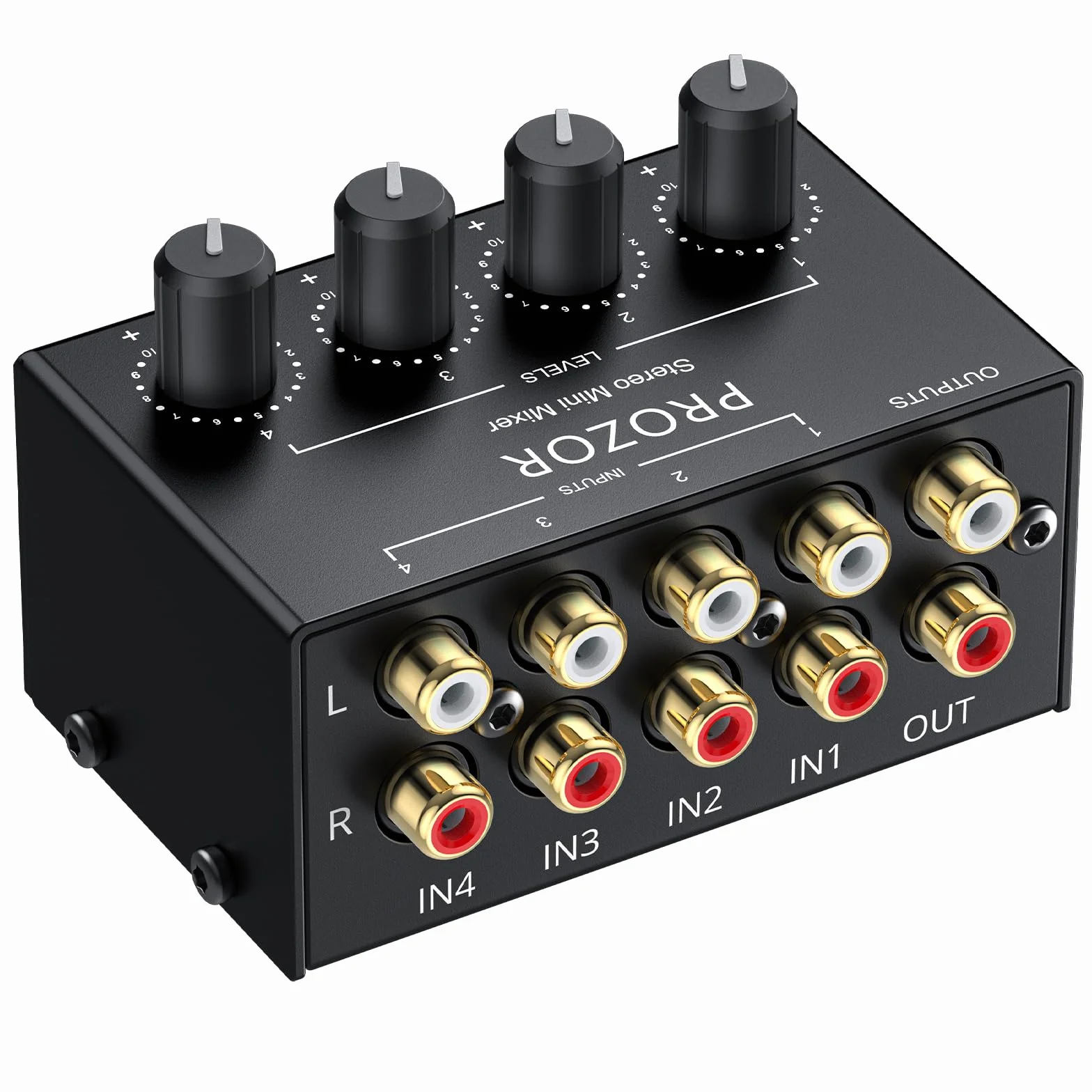 PROZOR Mikser audio RCA – 4-kanałowy mini pasywny mikser stereo z niezależną pokrętłem głośności, wejście i wyjście RCA, do kina domowego DJ-a, nie wymaga zasilania