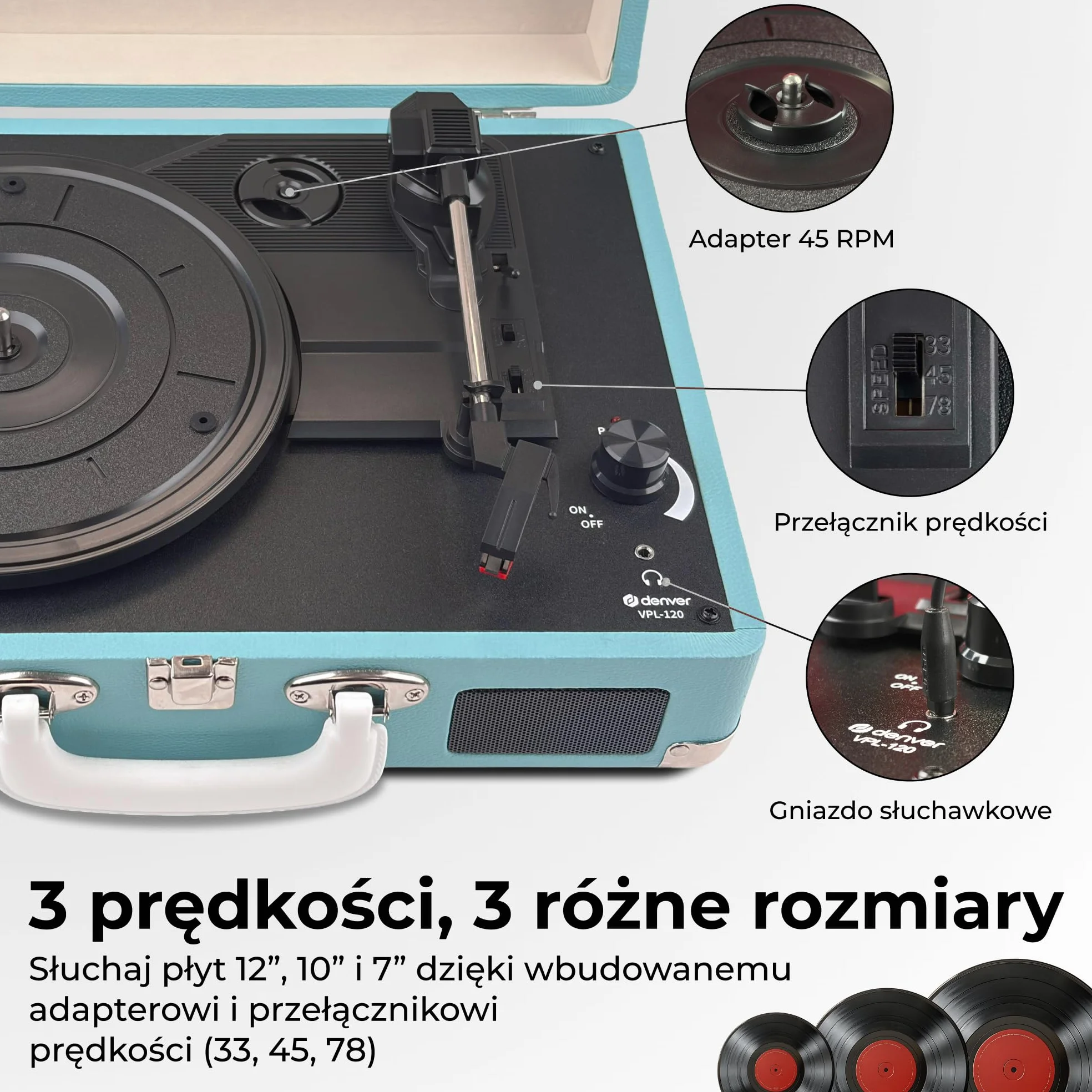 Denver VPL-120BU gramofon retro niebieski odtwarzacz winylowy USB automatyczne zatrzymanie