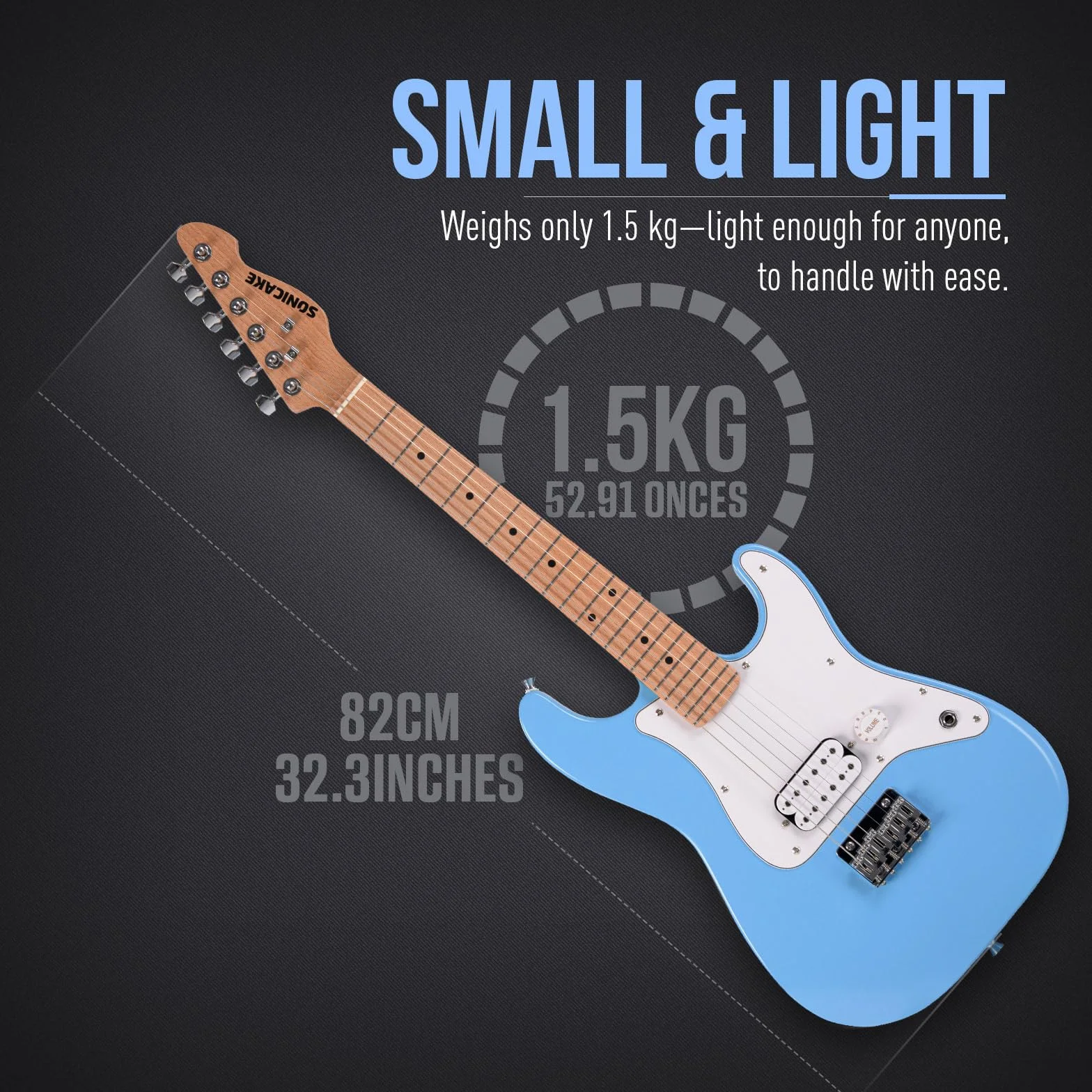 SONICAKE Gitara elektryczna dla Początkujący 30", korpus z litego drewna z przetwornikiem Humbucker, jednoczęściowa drewniana rękojeść i klawiatura, QGT-50 Niebieski