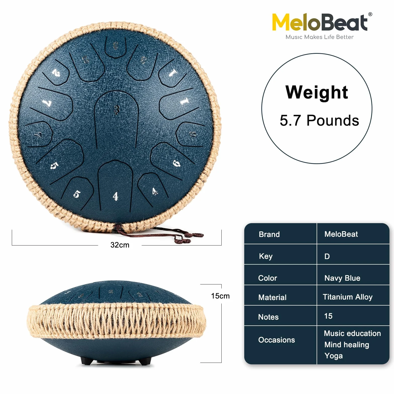 MeloBeat Stalowy bęben językowy, 33 cm, 15 nut, bęben językowy, ręczne bębny z książką muzyczną, młotkami i torbą do przenoszenia, D-dur (granatowy)
