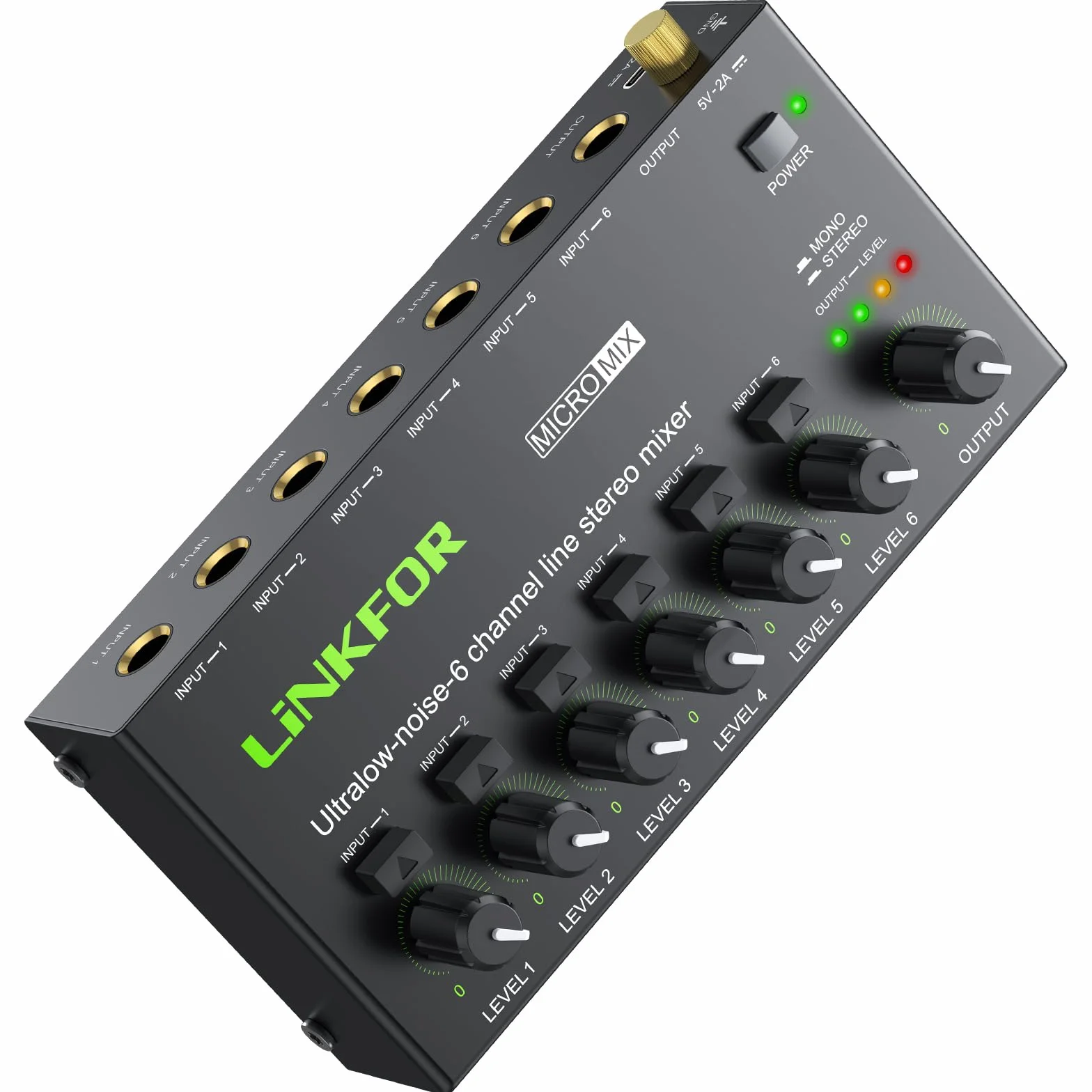 LiNKFOR 6-kanałowy mini mikser audio stereo przełącznik stereo / monofoniczny mikser audio 6 x 1 z kablem audio 6,35 mm, niezależna regulacja głośności do miksowania w klubie barowym