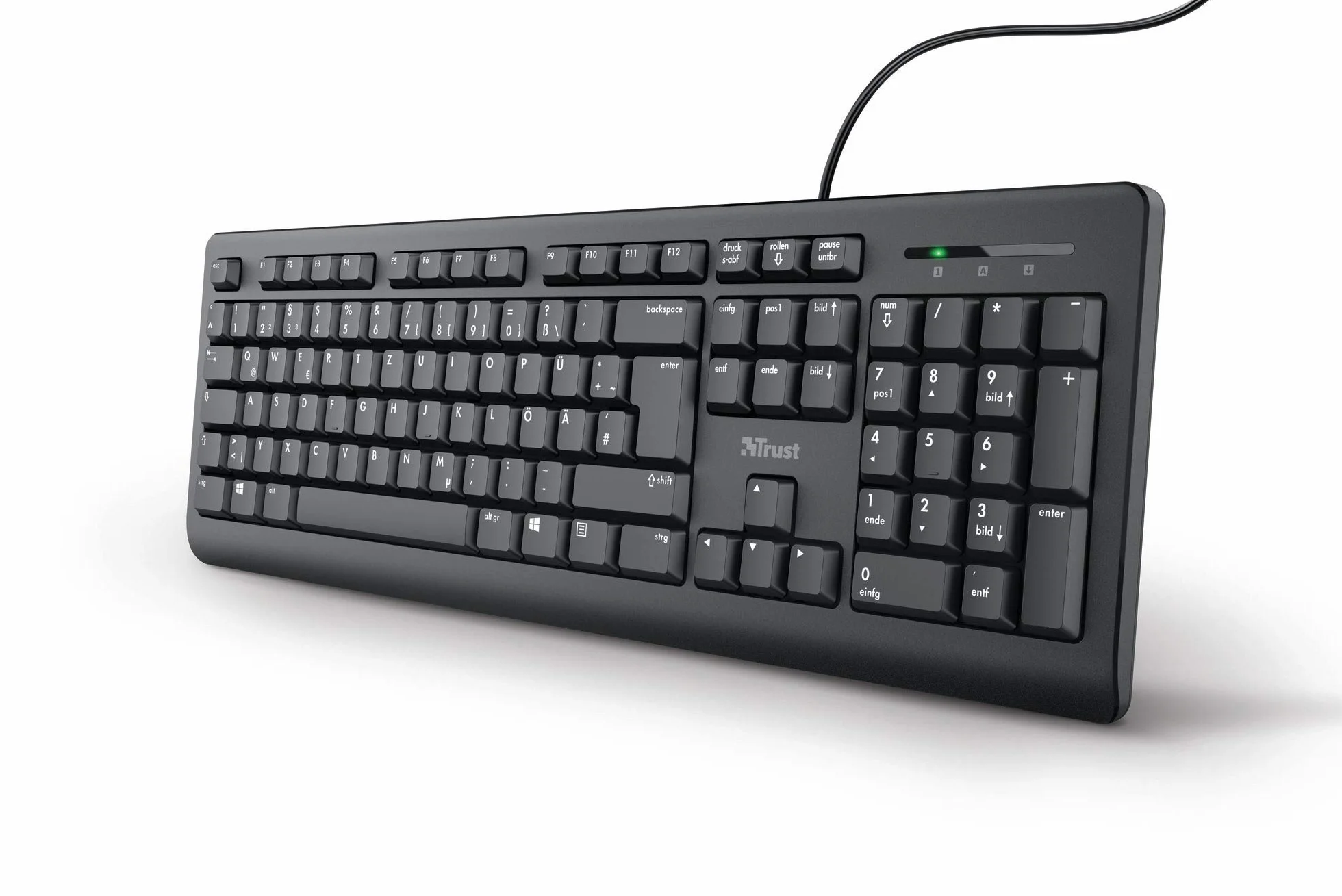 Trust Taro klawiatura przewodowa, niemiecki układ QWERTZ, ciche przyciski, ochrona przed rozbryzgami wody, port USB, kabel o długości 1,8 m, klawiatura do komputera, laptopa, Mac, Windows, macOS –