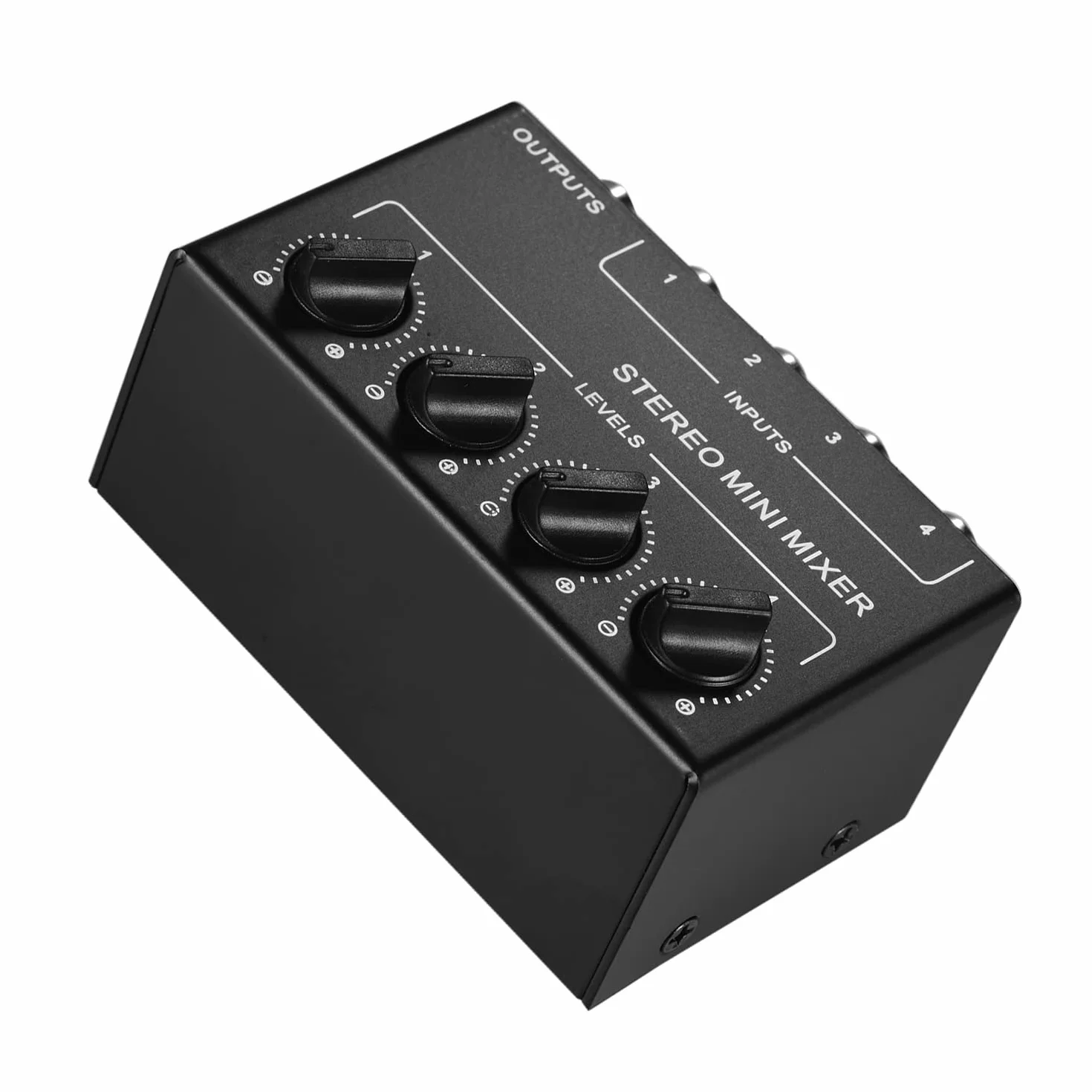 Mikser dźwięku mini stereo z 4-kanałowymi wejściami cinch, oddzielny regulator głośności, Full Metal Shell