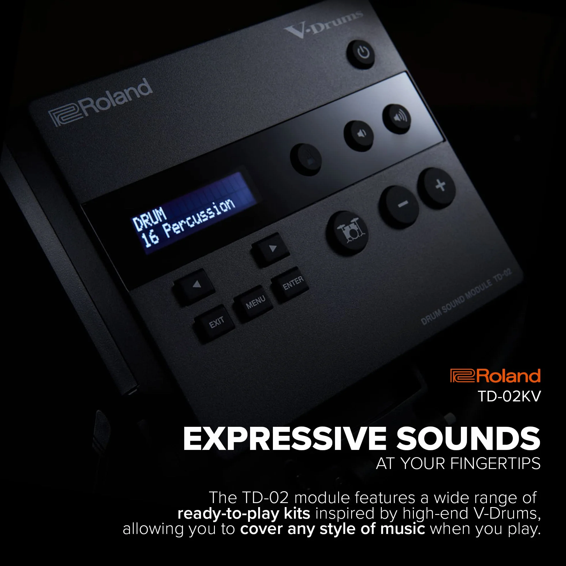 Roland TD-02KV V-Drums - Zestaw Perkusyjny z Ekspresyjną Grywalnością, Właściwościami Redukującymi Hałas, Werblem z naciągiem siateczkowym, Szeroki Układ do Gry w Stylu Akustycznym