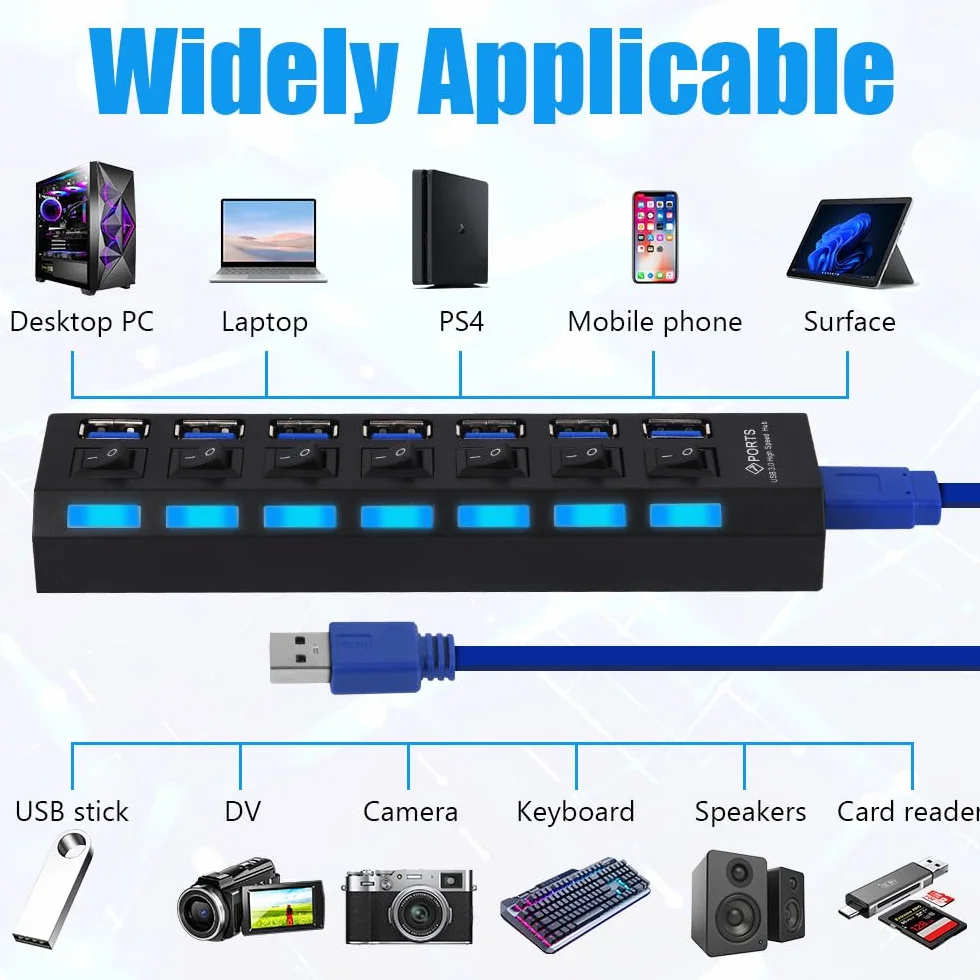 OFFCUP Hub USB 7 portów z zasilaczem, rozdzielaczem USB, aktywnym hubem USB 3.0+2.0 z indywidualnymi przełącznikami i wyświetlaczem LED, plug & play, do laptopów, komputerów MacBook i innych urzą