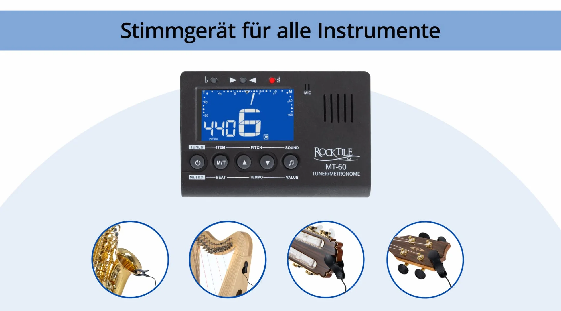 Rocktile MT-60 tuner metro – stroik z mikrofonem i czujnikiem piezoelektrycznym – nadaje się do wszystkich instrumentów – 5 trybów strojenia – metronomy – generator dźwięku – głośnik i wyjście na