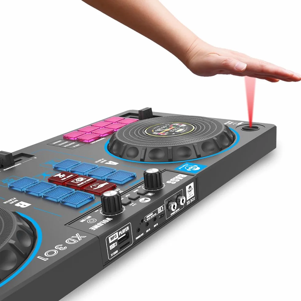 Cefa Toys - Przenośna stacja Dj z głośnikami i sterowaniem kosmicznym 14 w 1, z gramofonem, crossfaderem i ponad 144 kombinacjami miksu, w tym odtwarzacz Bluetooth i USB oraz akumulator