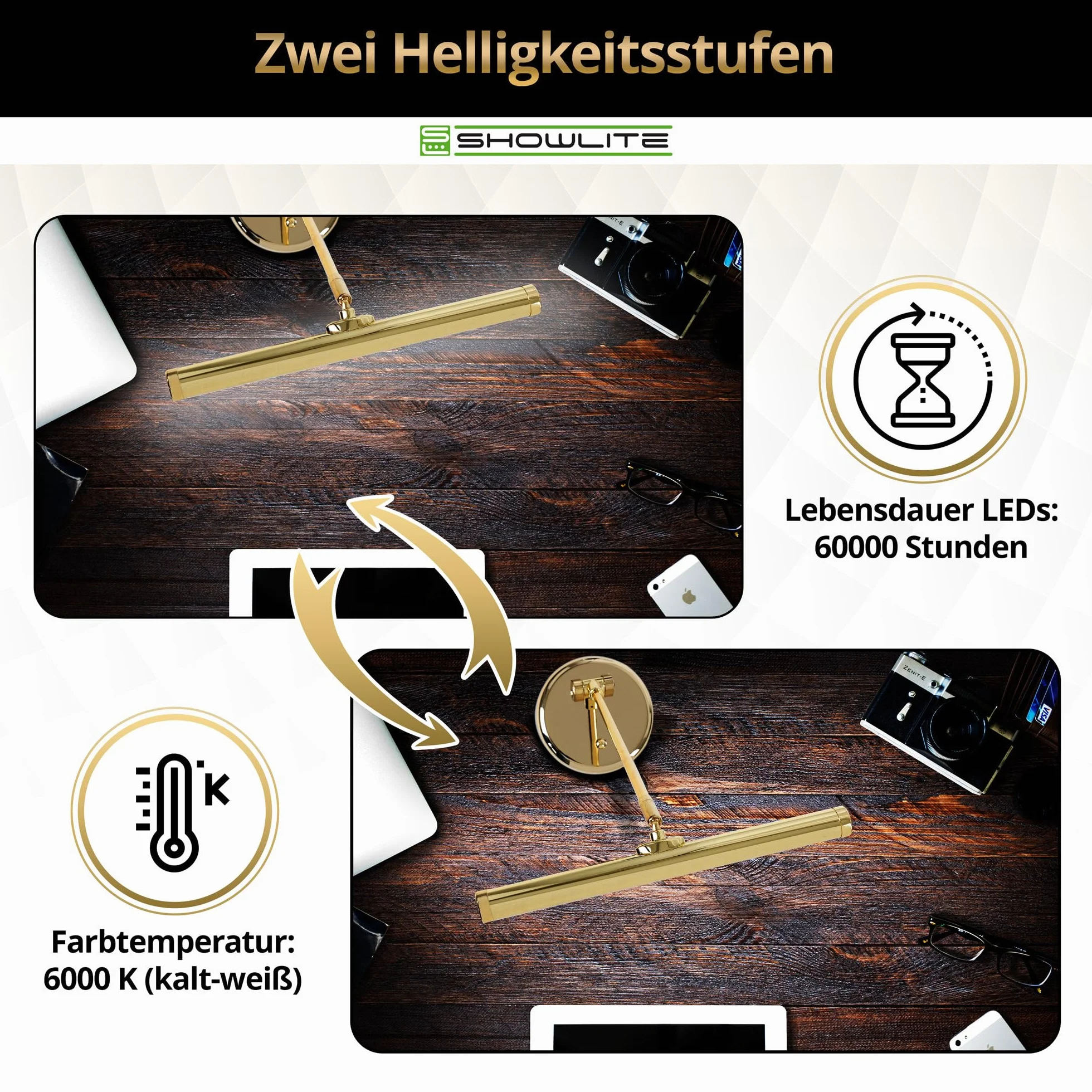 Showlite LED lampa fortepianowa złoty błyszczący