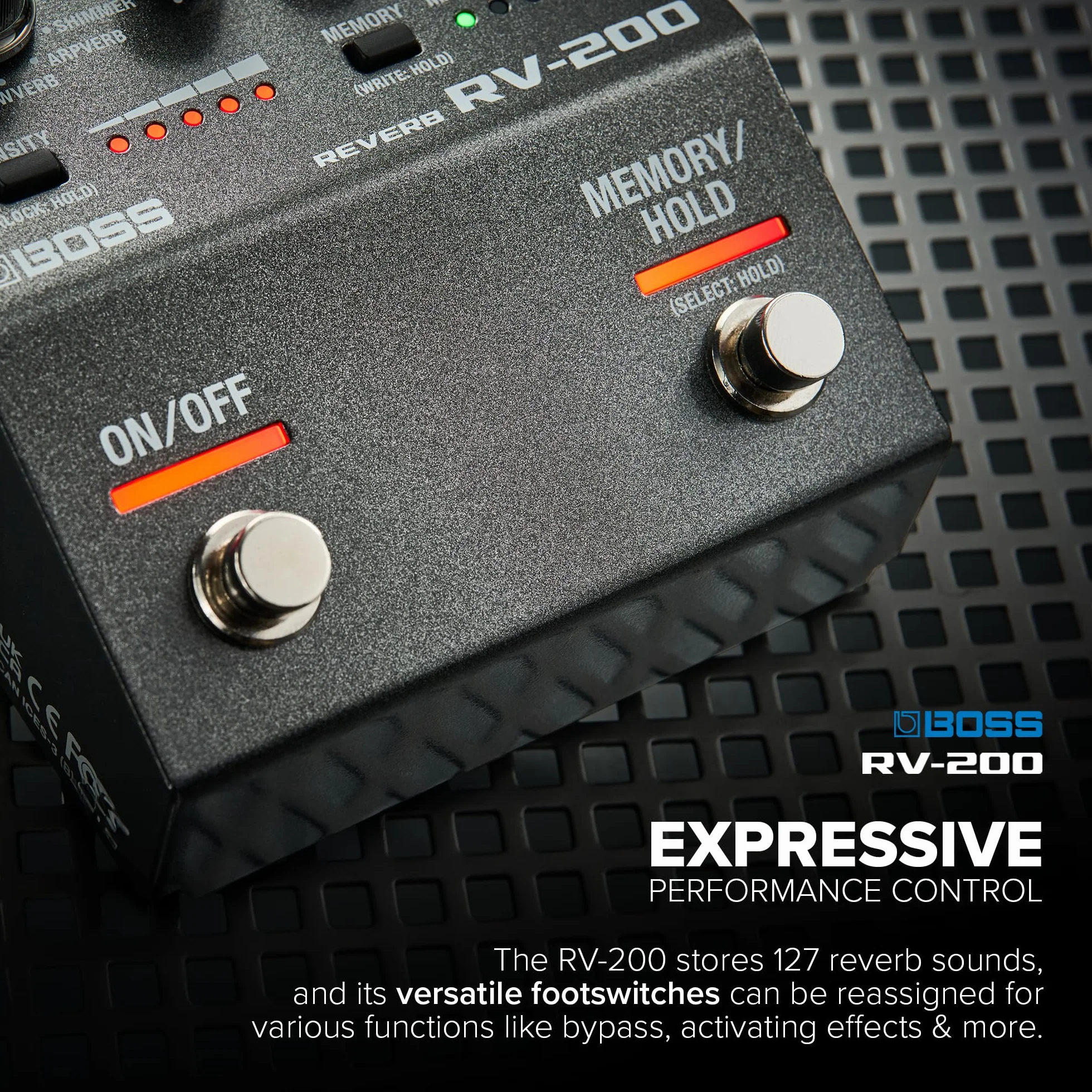 BOSS RV-200 Reverb | Najwyższej Jakości Przetwarzanie Pogłosu w Udoskonalonym Pedale Efektów BOSS serii 200 do Gitary i Innych Instrumentów | 12 Typów Pogłosu, w tym Arpverb | 127 Pamięci Użytkownika
